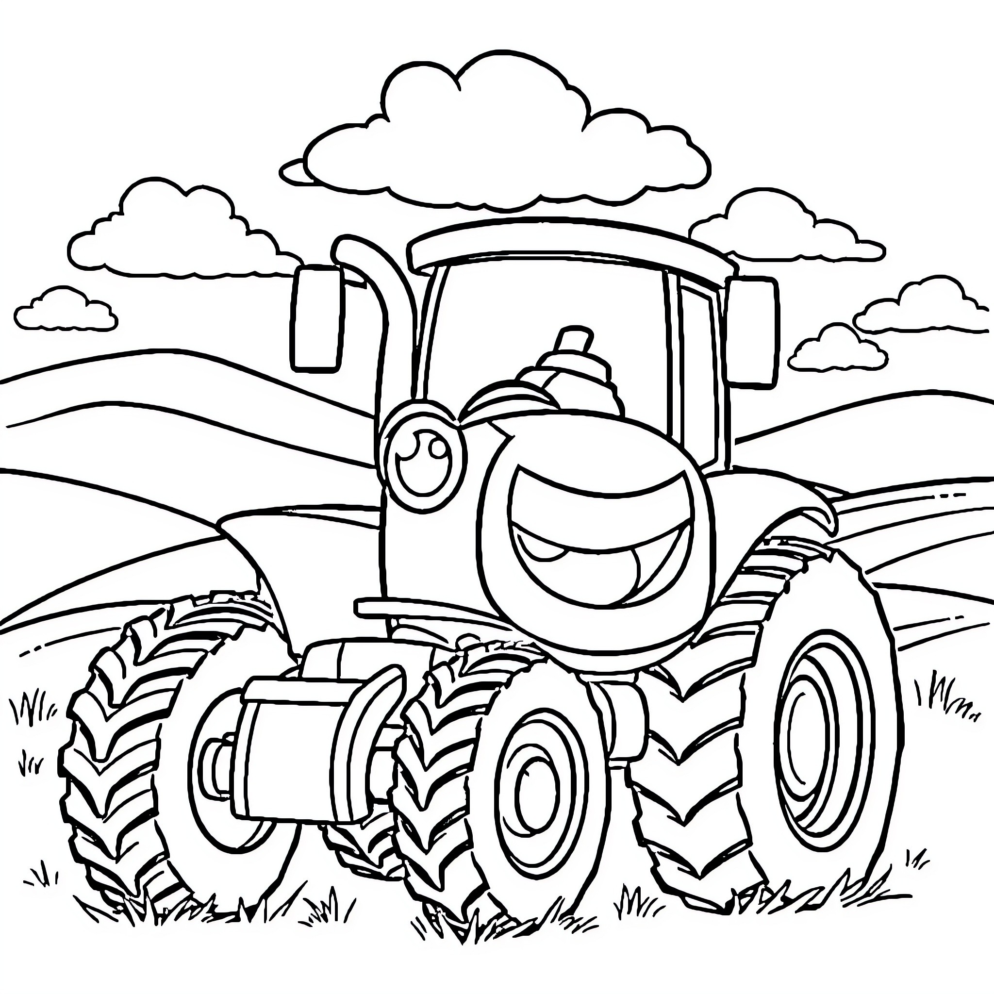 Tractor Plowing Through Grassy Fields Coloring Page (free black-and-white line drawing printable PDF for all, from beginners to advanced learners, including children, teens, adults, and seniors)