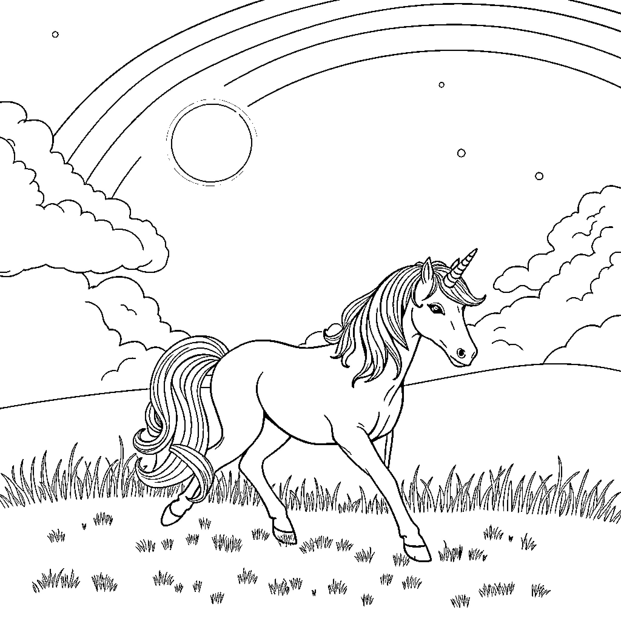 Unicorn galloping across the magical landscape Coloring Page (free black-and-white line drawing printable PDF for all, from beginners to advanced learners, including children, teens, adults, and seniors)