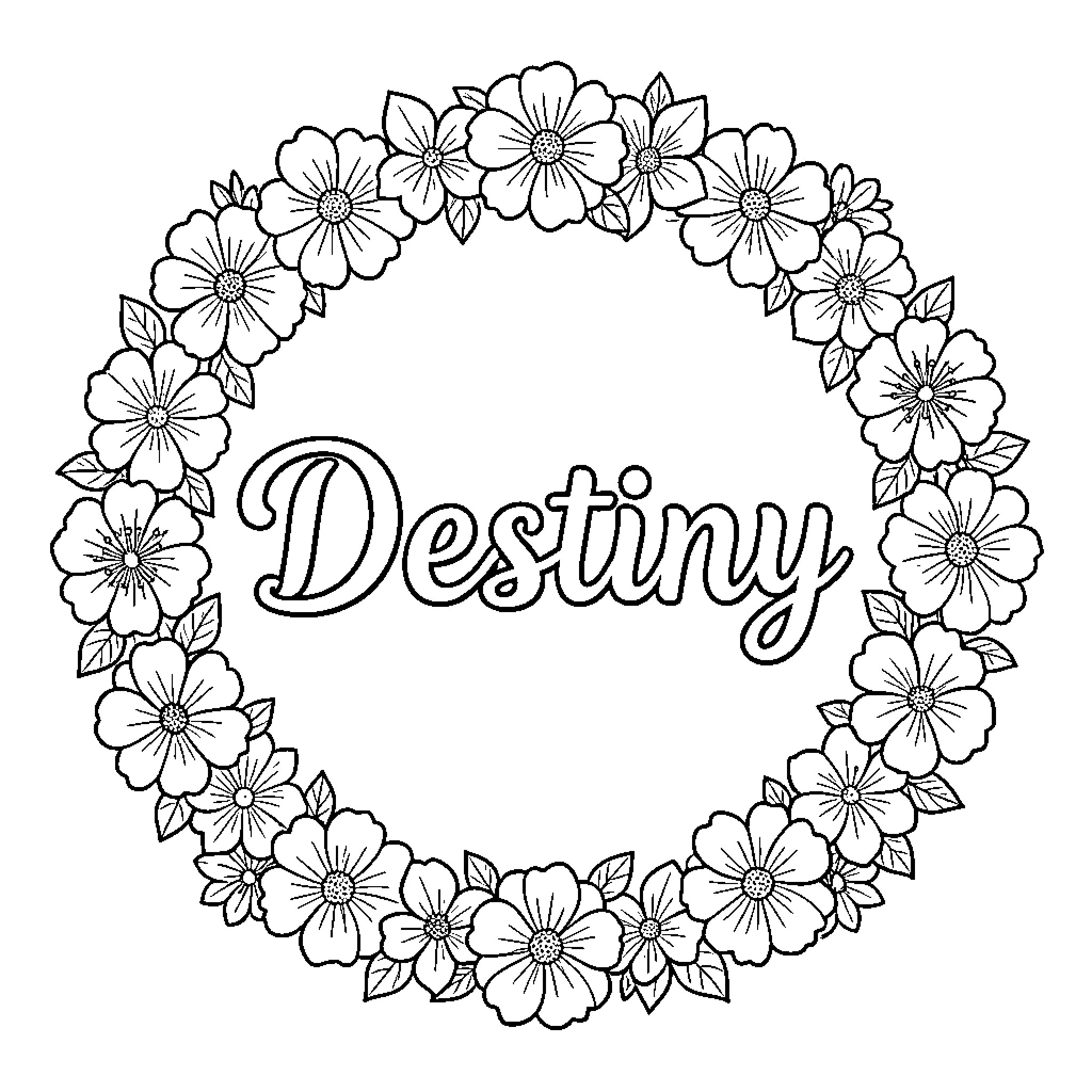 Destiny framed by a lush floral wreath Coloring Page (free black-and-white line drawing printable PDF for all, from beginners to advanced learners, including children, teens, adults, and seniors)