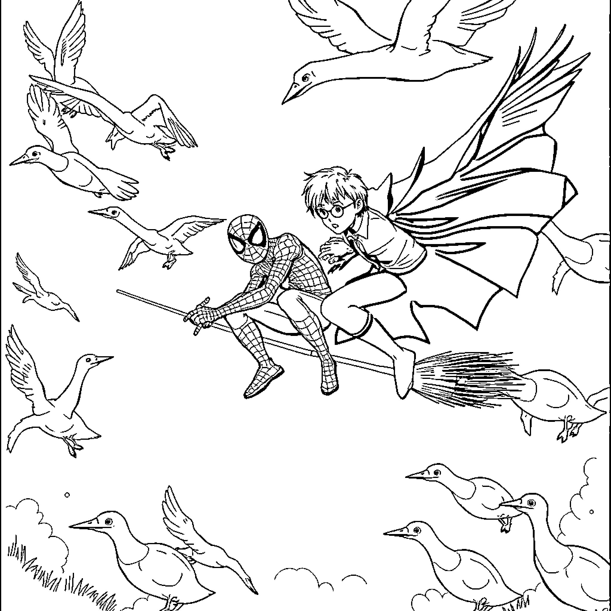 Spider-Man flying with fairies and birds Coloring Page (free black-and-white line drawing printable PDF for all, from beginners to advanced learners, including children, teens, adults, and seniors)