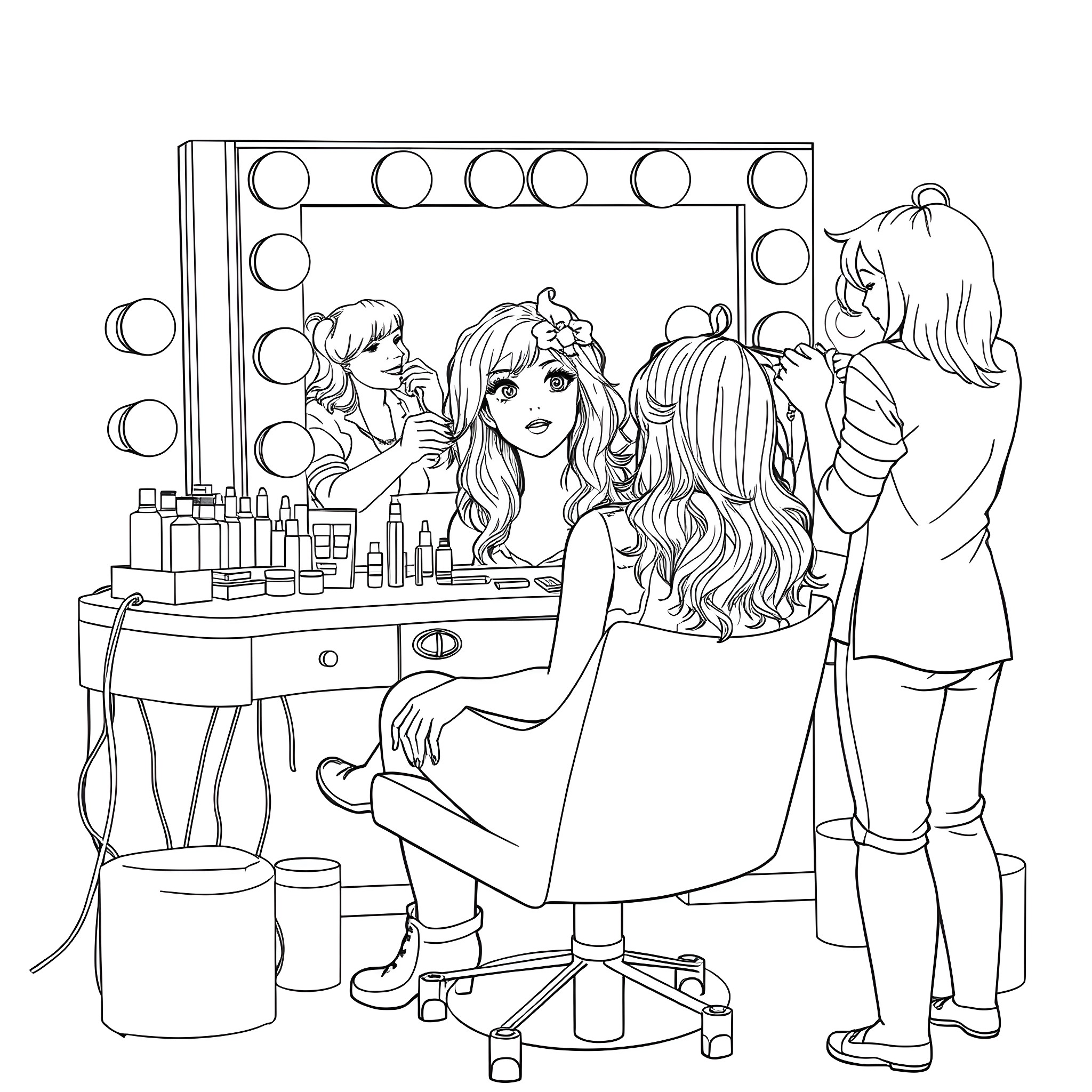 Teenage Girl Getting Her Hair Done by Friends Coloring Page (free black-and-white line drawing printable PDF for all, from beginners to advanced learners, including children, teens, adults, and seniors)