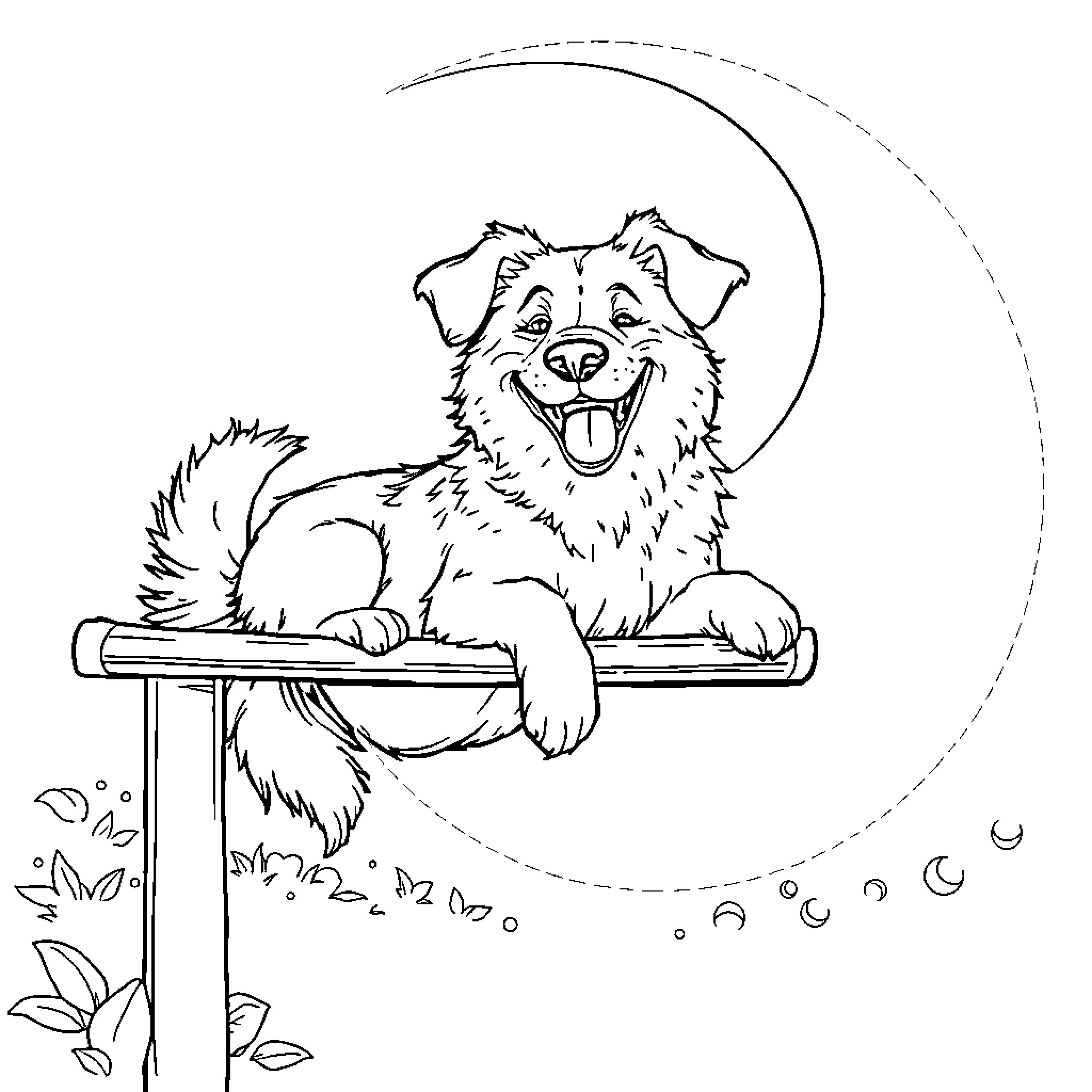 Dog enjoying a starry night on a bench Coloring Page (free black-and-white line drawing printable PDF for all, from beginners to advanced learners, including children, teens, adults, and seniors)