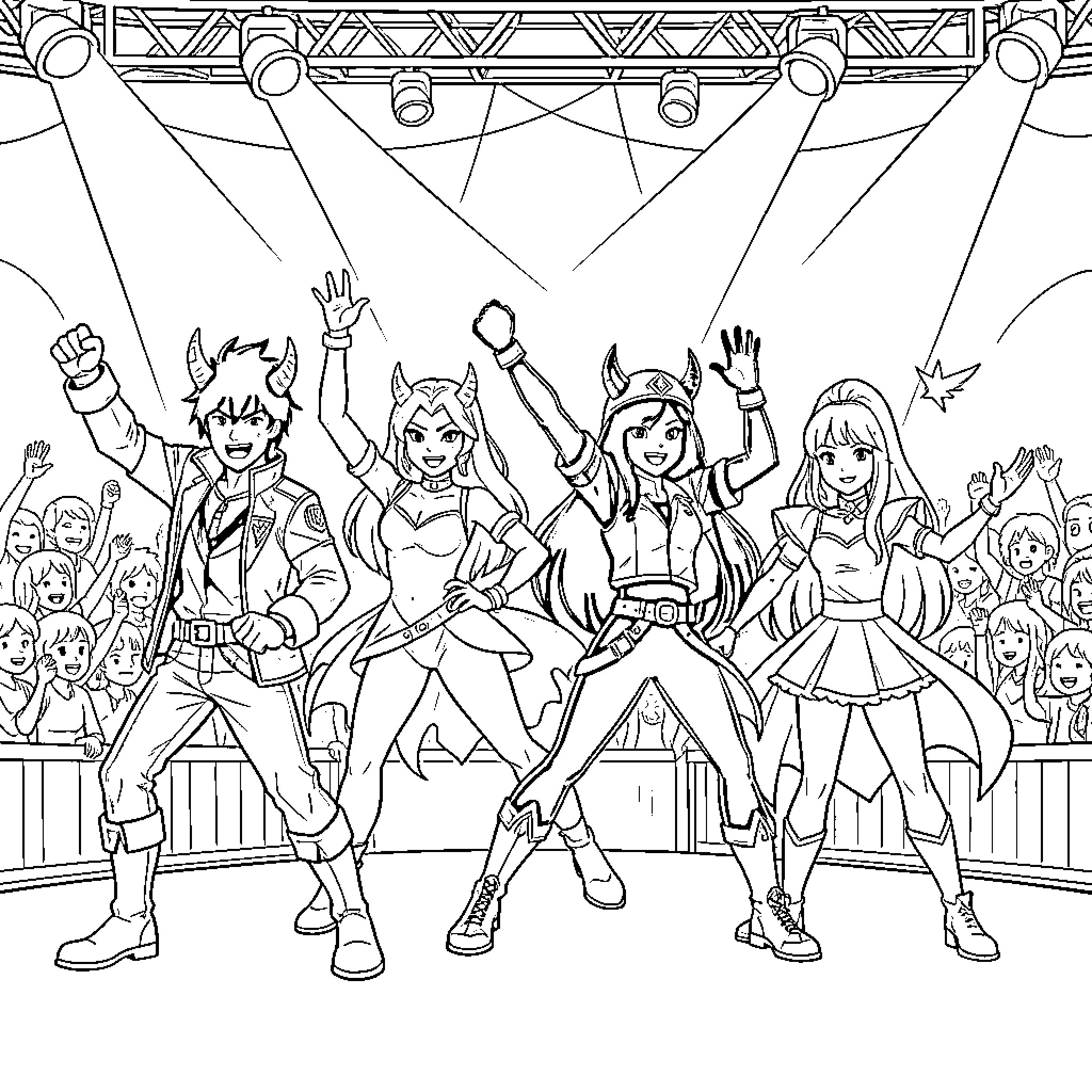 Kpop Group Performing Energetic Dance on Stage Coloring Page (free black-and-white line drawing printable PDF for all, from beginners to advanced learners, including children, teens, adults, and seniors)