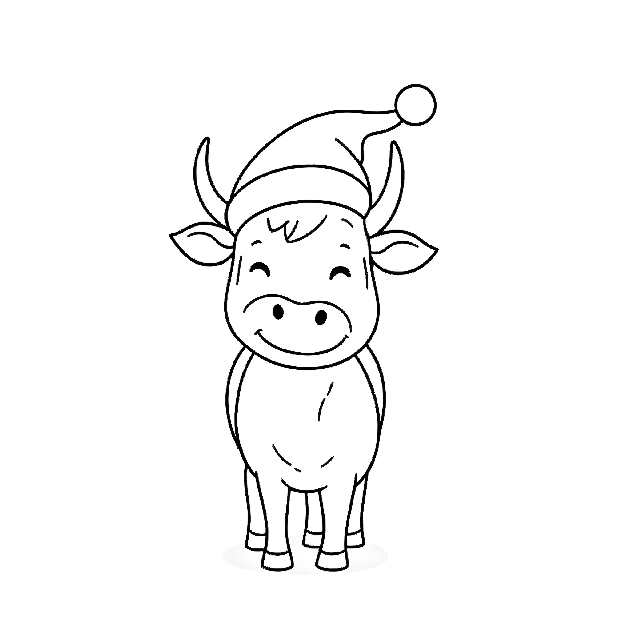 Cow wearing a Santa hat Coloring Page (free black-and-white line drawing printable PDF for all, from beginners to advanced learners, including children, teens, adults, and seniors)