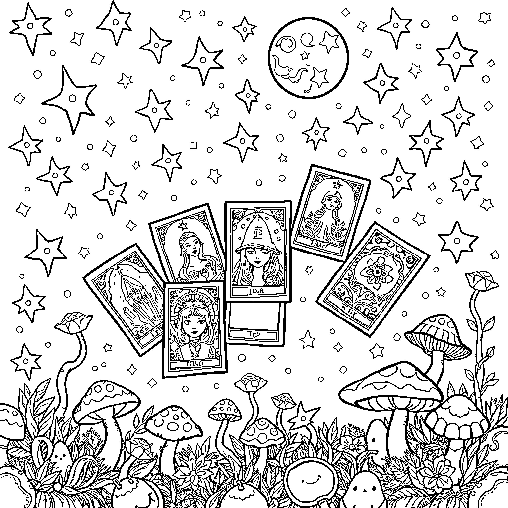 Tarot cards and mystical elements in a fantasy landscape Coloring Page (free black-and-white line drawing printable PDF for all, from beginners to advanced learners, including children, teens, adults, and seniors)