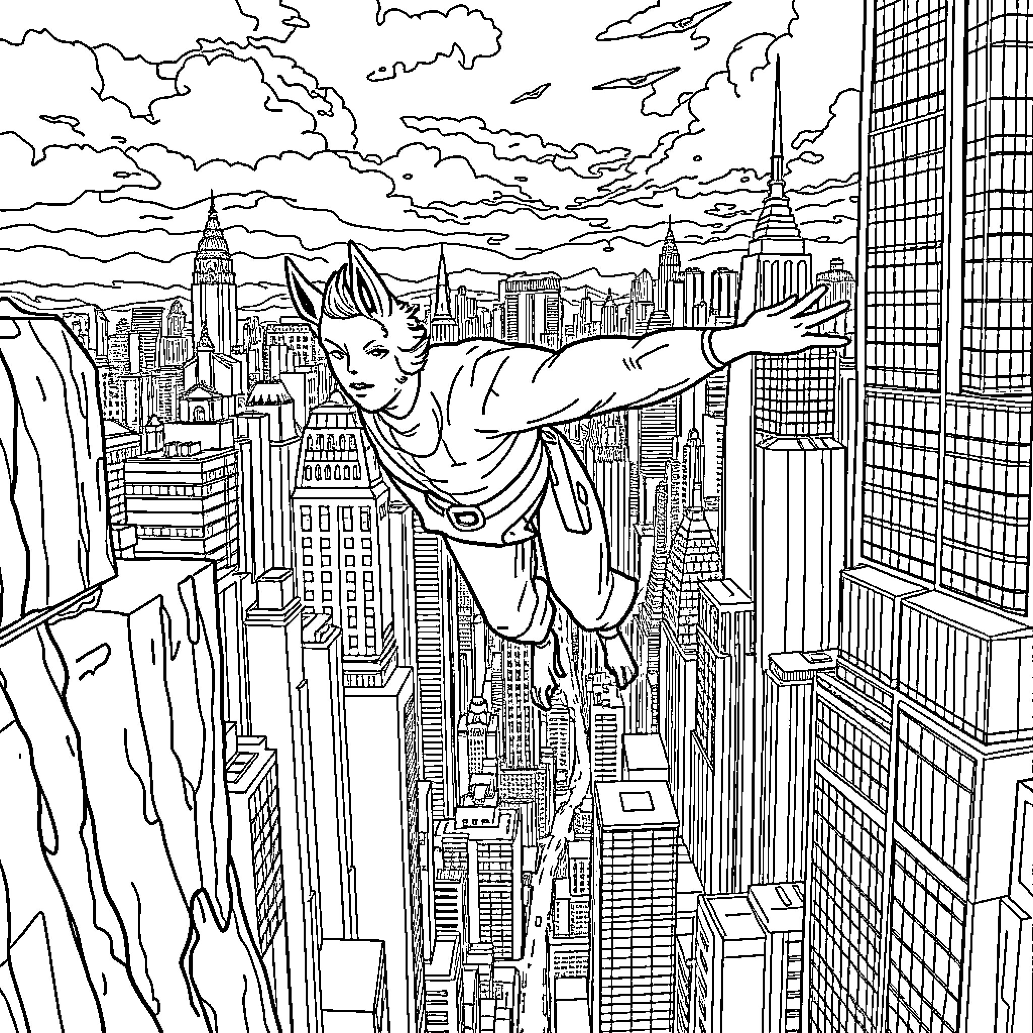 Spider-Man swinging through the city skyline Coloring Page (free black-and-white line drawing printable PDF for all, from beginners to advanced learners, including children, teens, adults, and seniors)