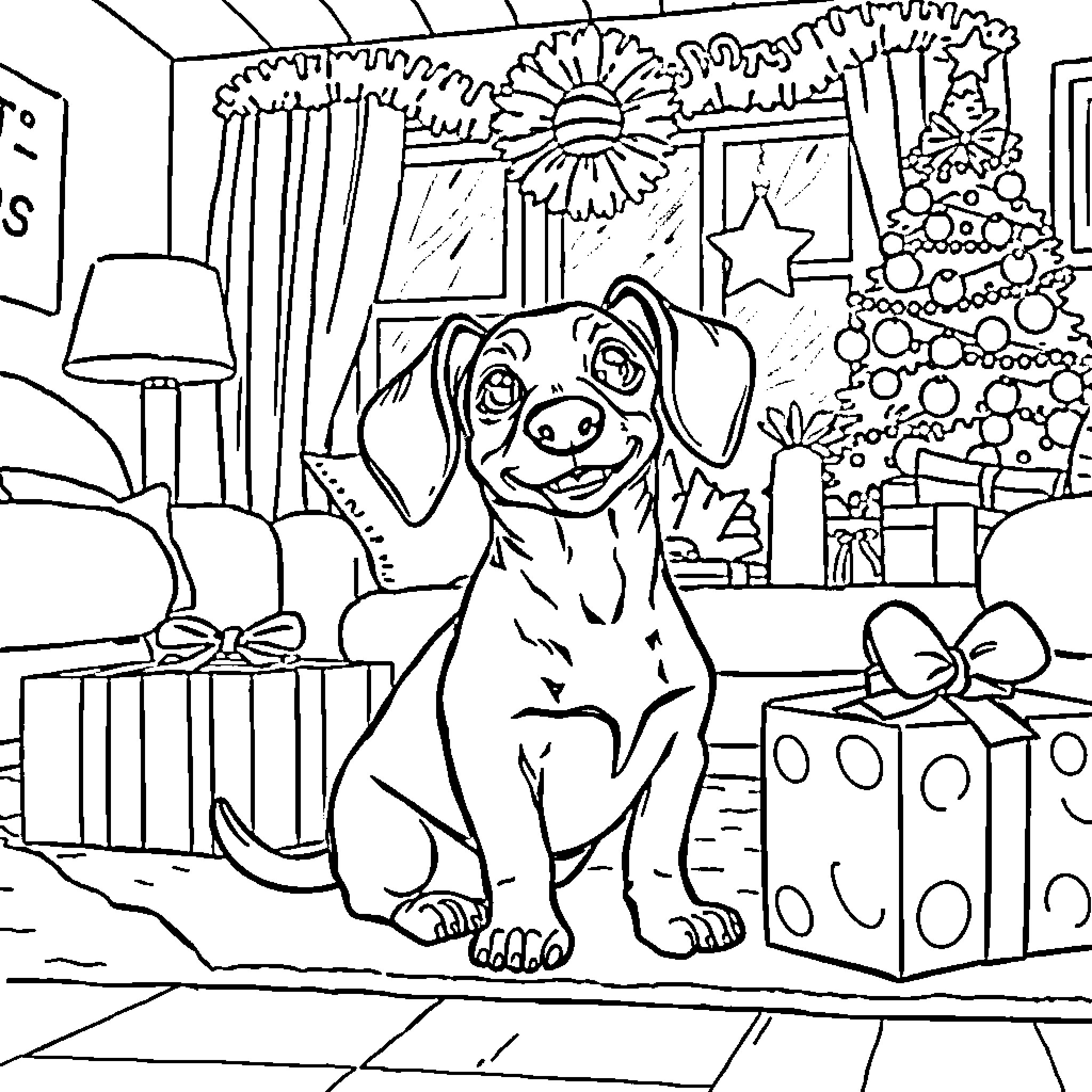 Dachshund puppy enjoying Christmas decorations Coloring Page (free black-and-white line drawing printable PDF for all, from beginners to advanced learners, including children, teens, adults, and seniors)