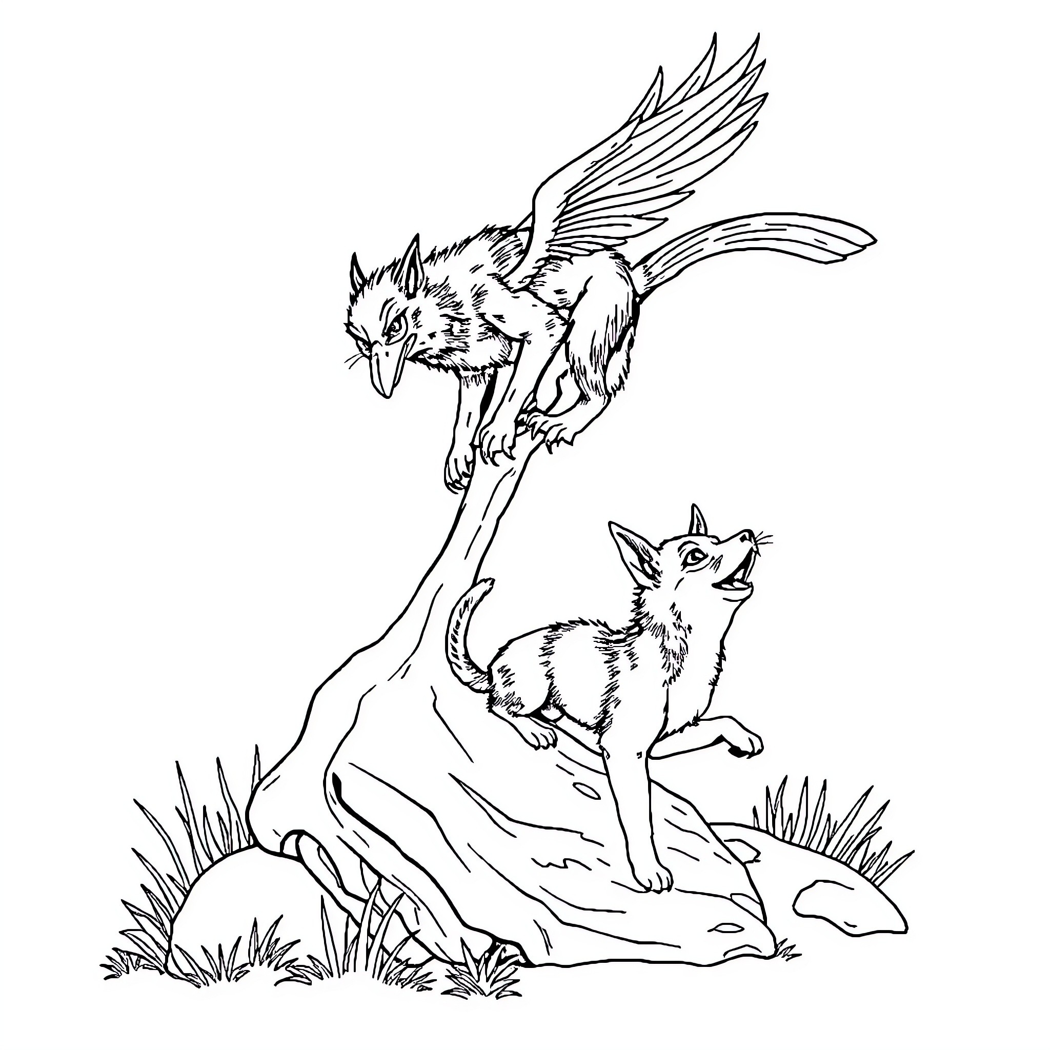 Perro soaring above a curious canine Coloring Page (free black-and-white line drawing printable PDF for all, from beginners to advanced learners, including children, teens, adults, and seniors)