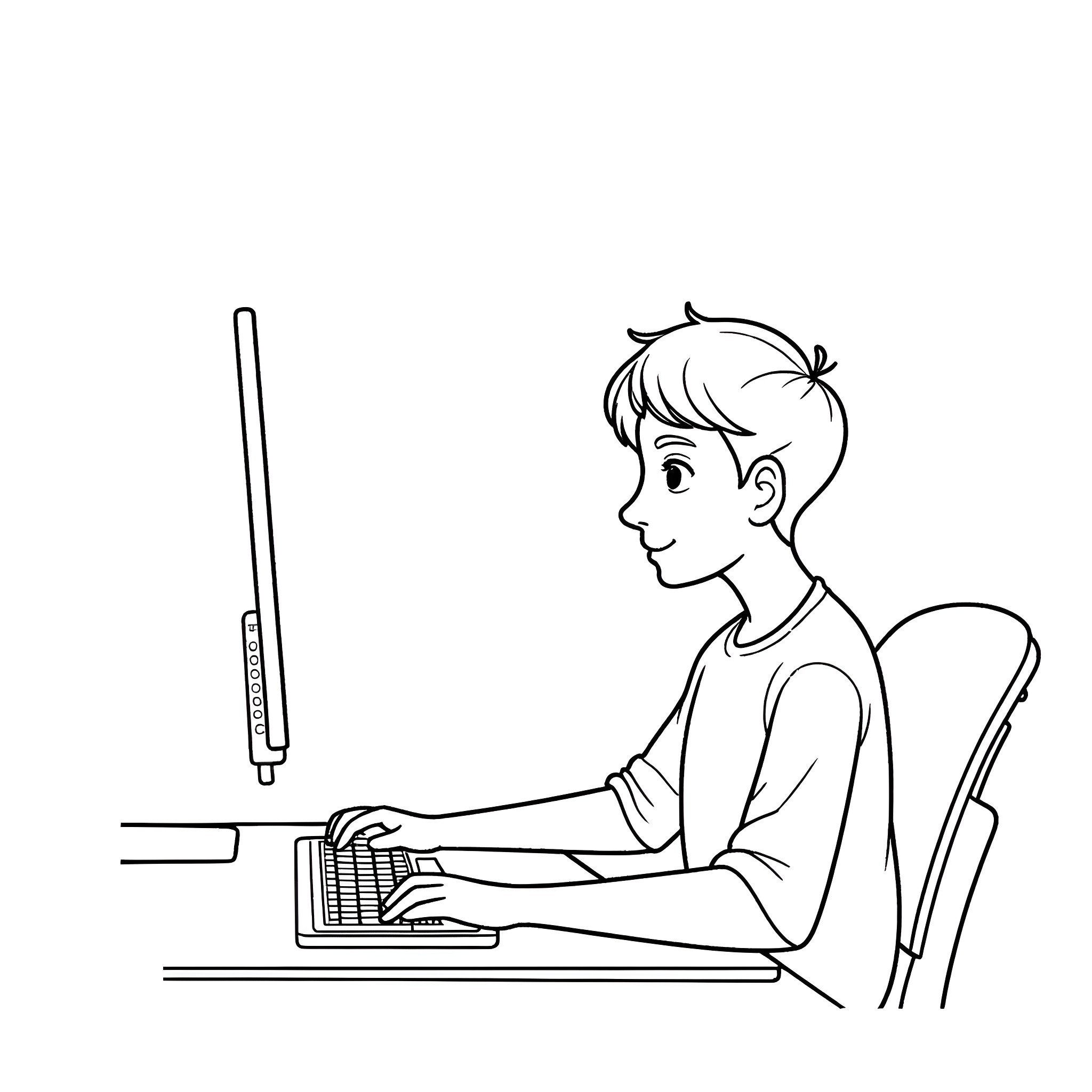 Dom working diligently on his computer Coloring Page (free black-and-white line drawing printable PDF for all, from beginners to advanced learners, including children, teens, adults, and seniors)