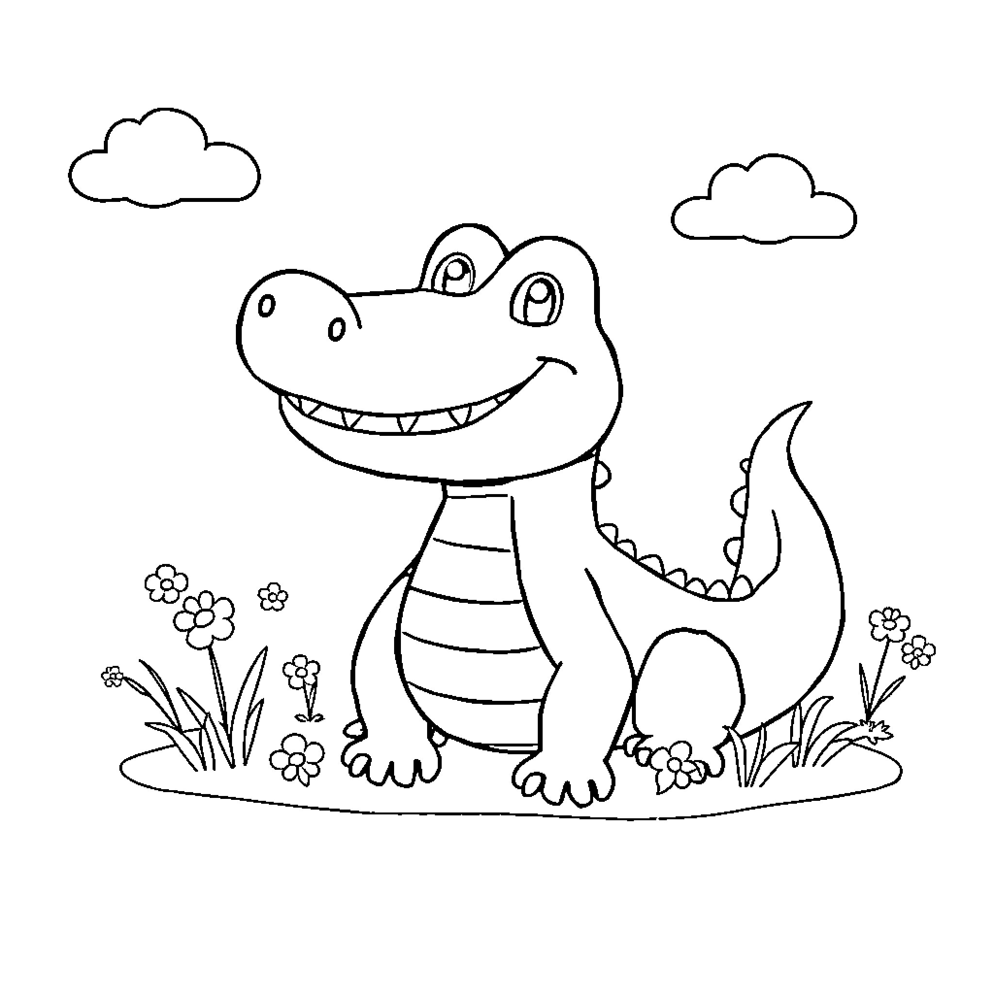 Alligator happily exploring a field of flowers Coloring Page (free black-and-white line drawing printable PDF for all, from beginners to advanced learners, including children, teens, adults, and seniors)