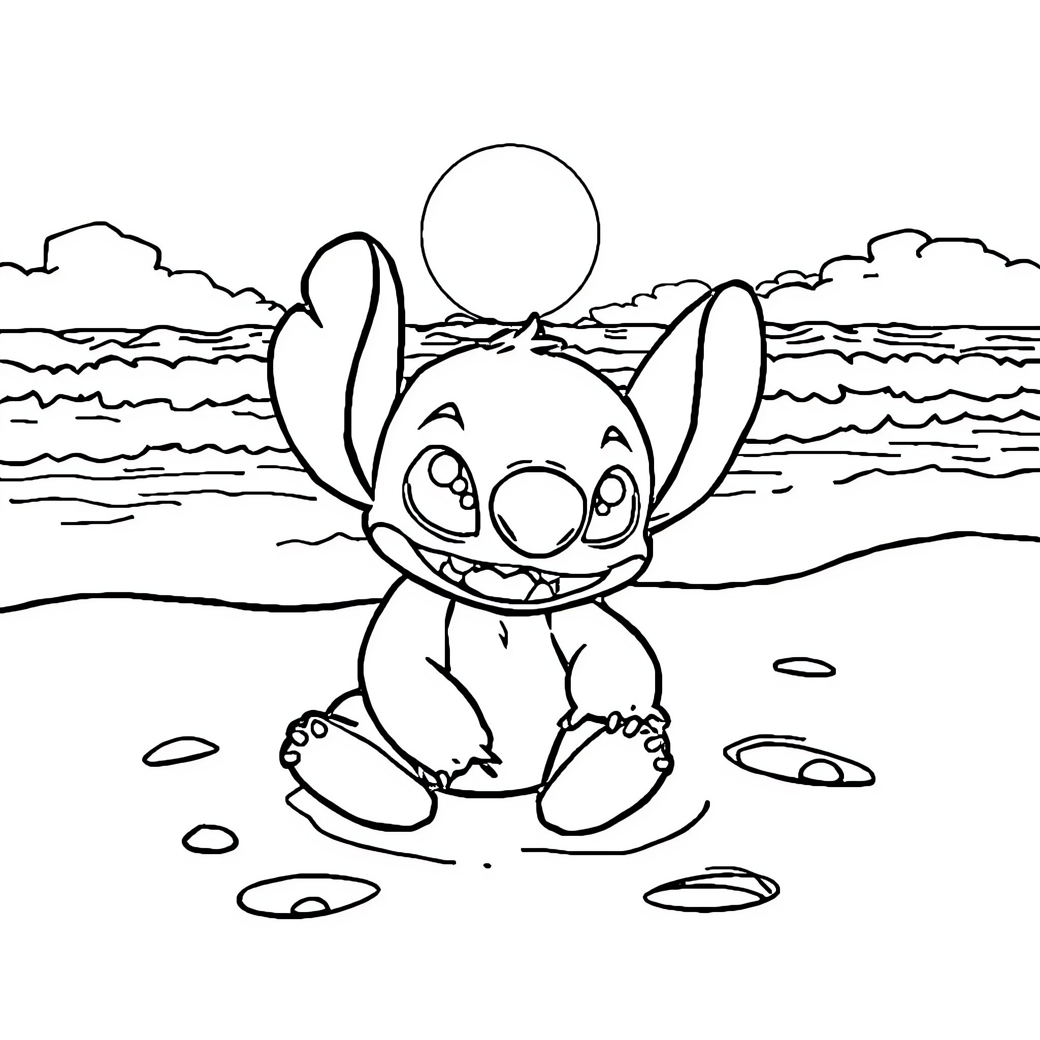 Stitch enjoying the serene beach at night Coloring Page (free black-and-white line drawing printable PDF for all, from beginners to advanced learners, including children, teens, adults, and seniors)
