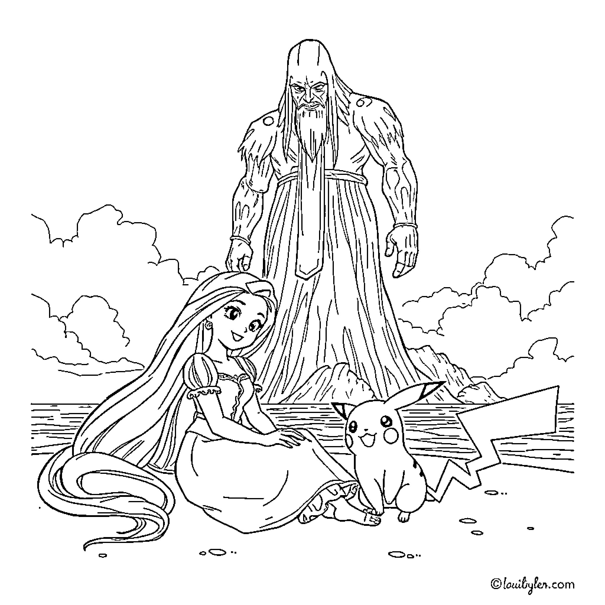 Rapunzel in an enchanted landscape with her animal friends Coloring Page (free black-and-white line drawing printable PDF for all, from beginners to advanced learners, including children, teens, adults, and seniors)