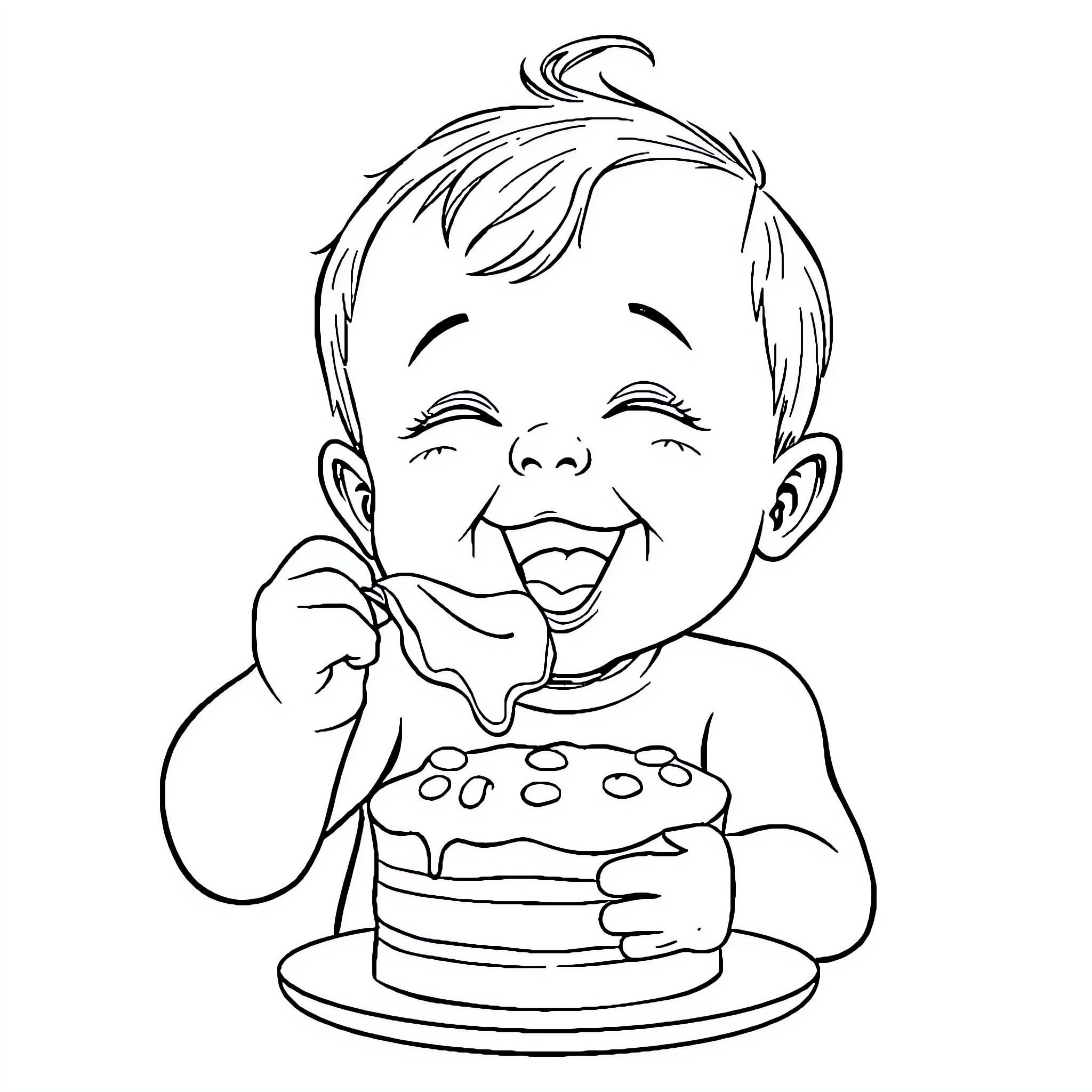 Baby enjoying delicious birthday cake Coloring Page (free black-and-white line drawing printable PDF for all, from beginners to advanced learners, including children, teens, adults, and seniors)