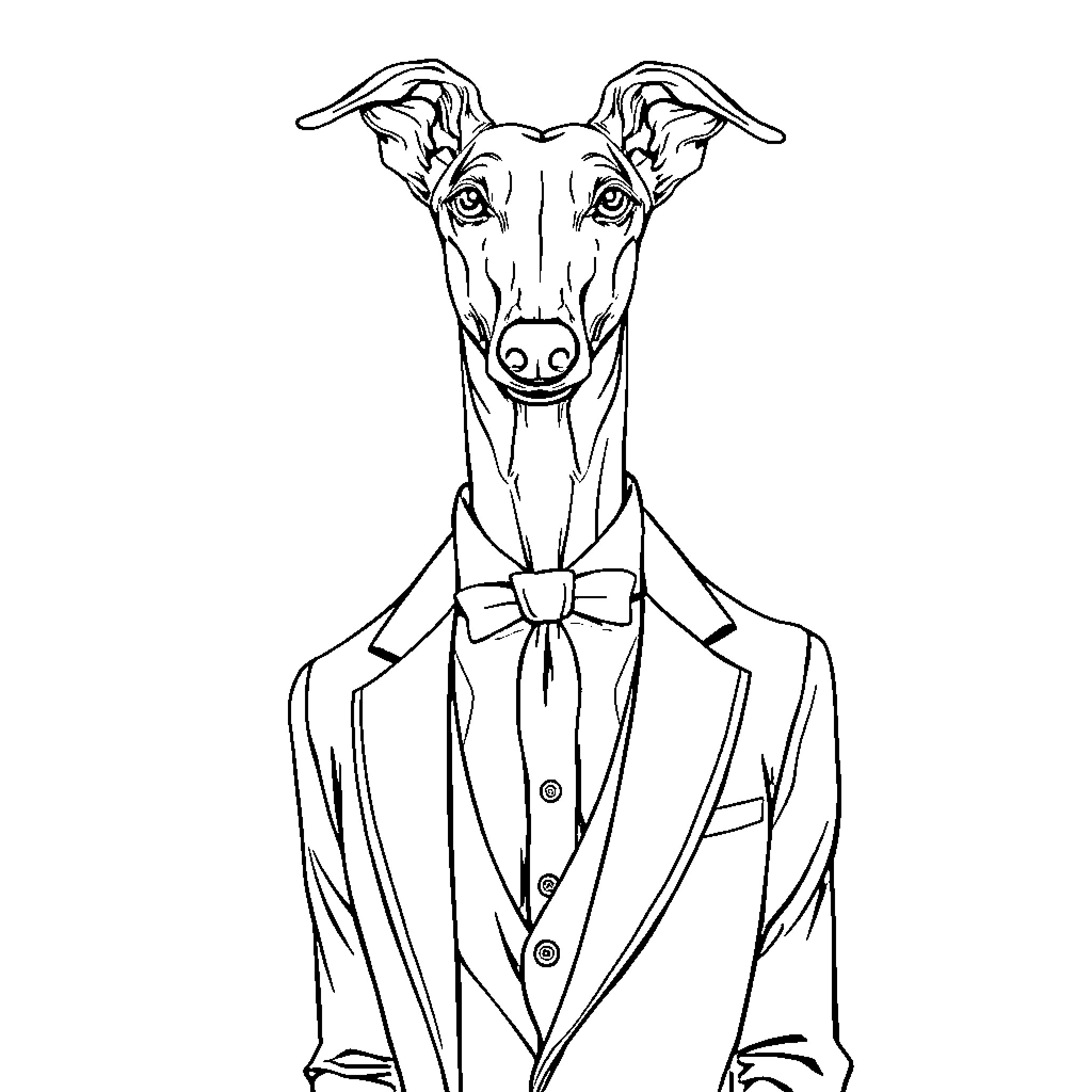 Greyhound dressed in formal attire Coloring Page (free black-and-white line drawing printable PDF for all, from beginners to advanced learners, including children, teens, adults, and seniors)