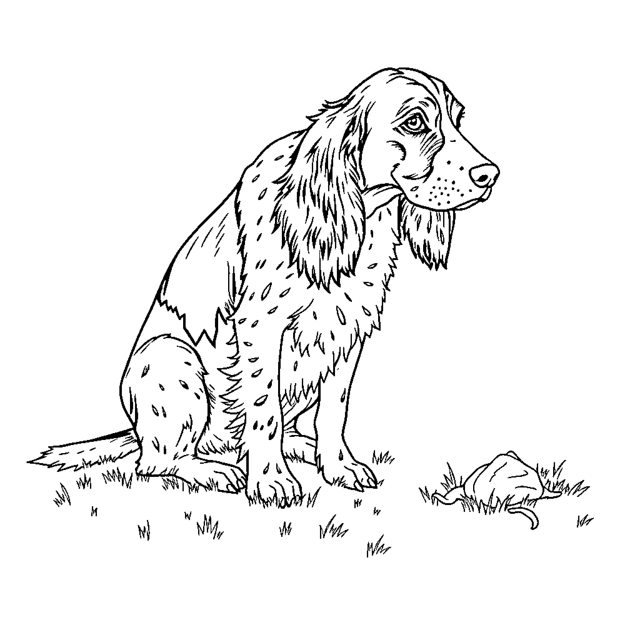 English Setter sitting on the grass Coloring Page (free black-and-white line drawing printable PDF for all, from beginners to advanced learners, including children, teens, adults, and seniors)