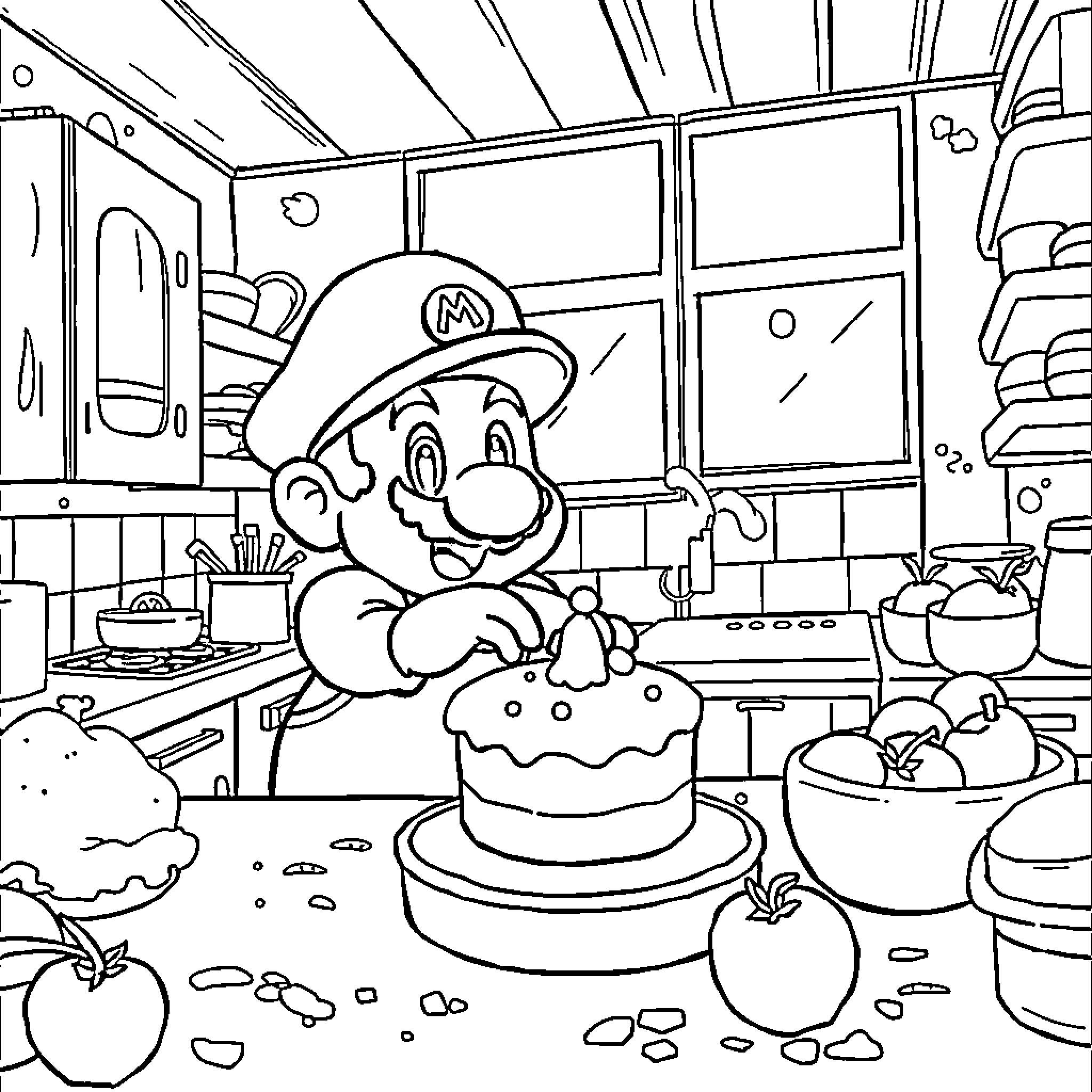 Mario Baking a Cake in the Kitchen Coloring Page (free black-and-white line drawing printable PDF for all, from beginners to advanced learners, including children, teens, adults, and seniors)
