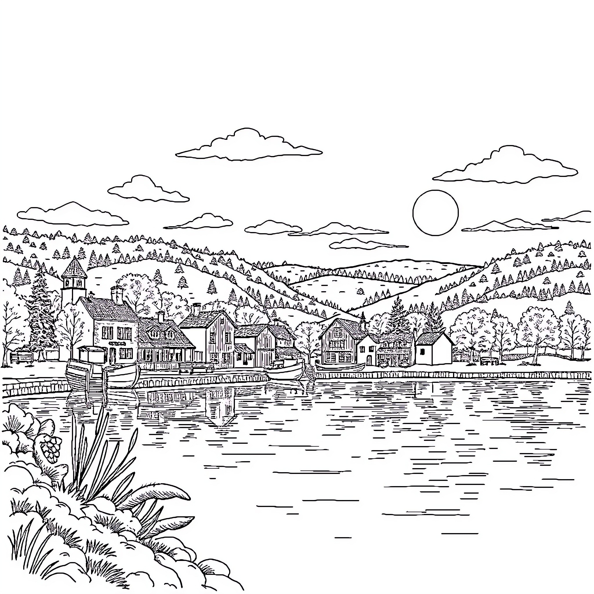 Hansville scenic waterfront with buildings and trees Coloring Page (free black-and-white line drawing printable PDF for all, from beginners to advanced learners, including children, teens, adults, and seniors)