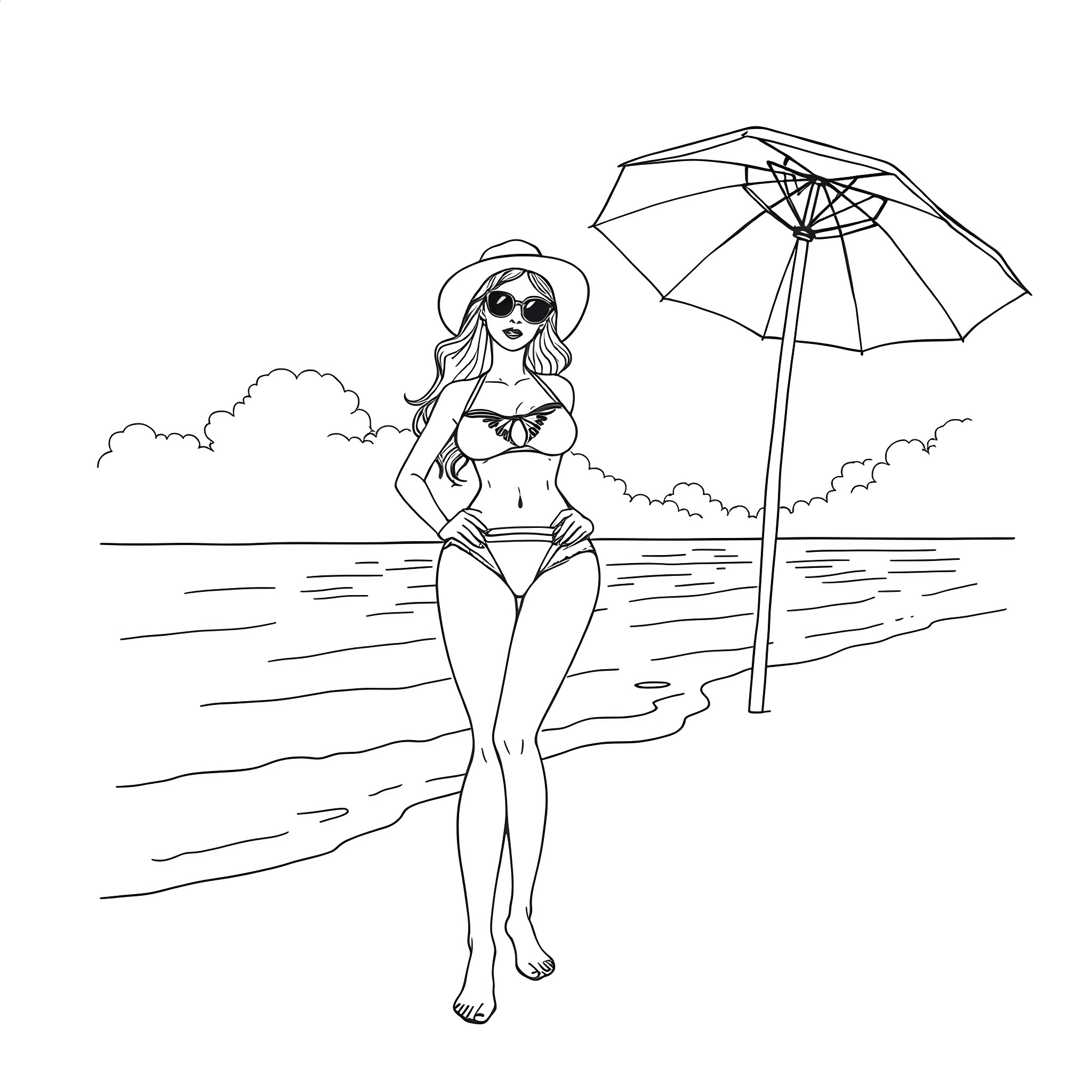 Babe relaxing under beach umbrella Coloring Page (free black-and-white line drawing printable PDF for all, from beginners to advanced learners, including children, teens, adults, and seniors)