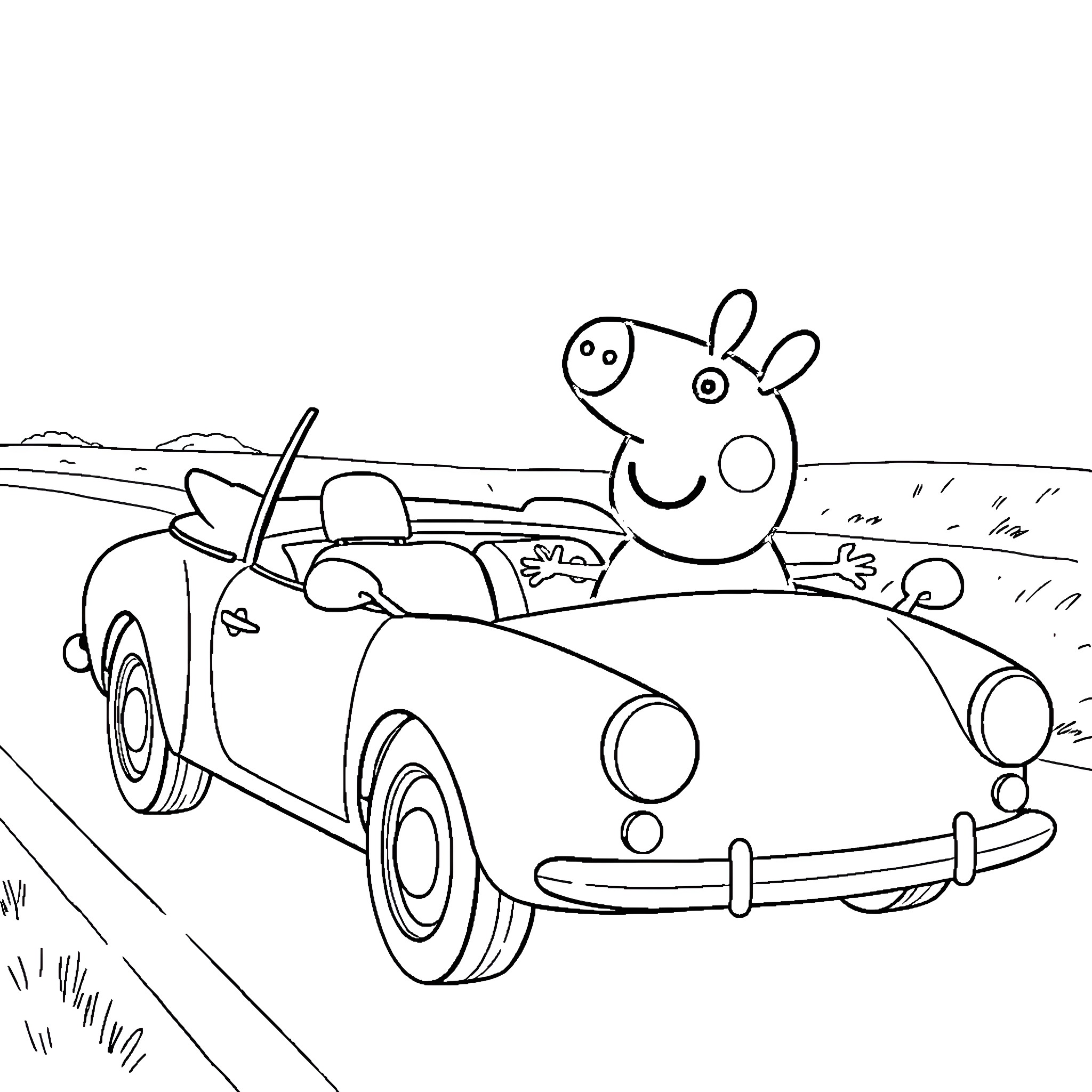 Peppa Pig driving a convertible car Coloring Page (free black-and-white line drawing printable PDF for all, from beginners to advanced learners, including children, teens, adults, and seniors)