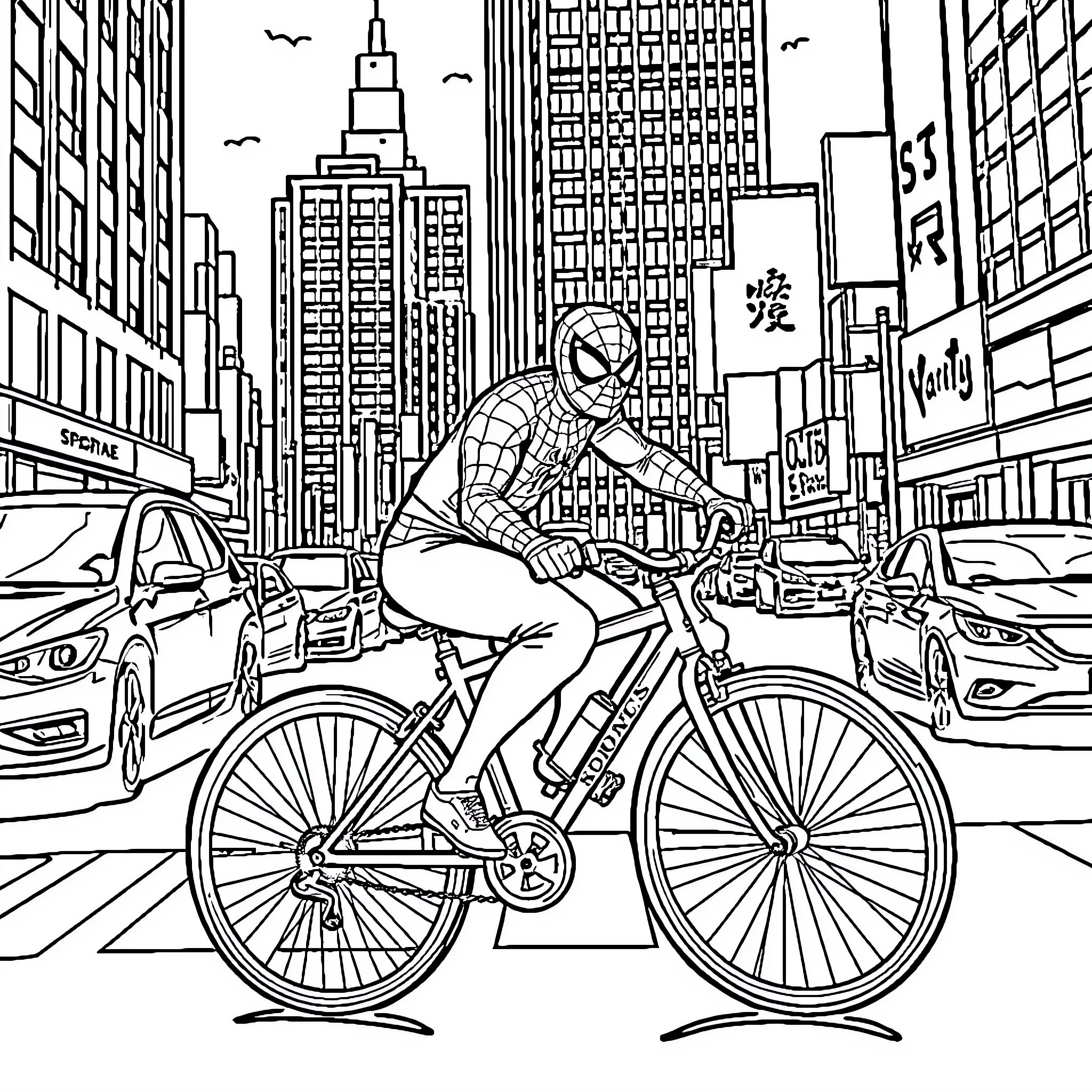 Spiderman riding a bicycle in the city Coloring Page (free black-and-white line drawing printable PDF for all, from beginners to advanced learners, including children, teens, adults, and seniors)