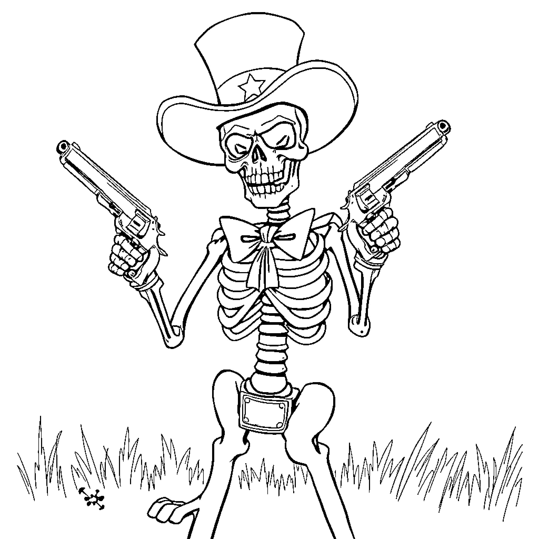 Uncle Sam skeleton with guns in the wild Coloring Page (free black-and-white line drawing printable PDF for all, from beginners to advanced learners, including children, teens, adults, and seniors)