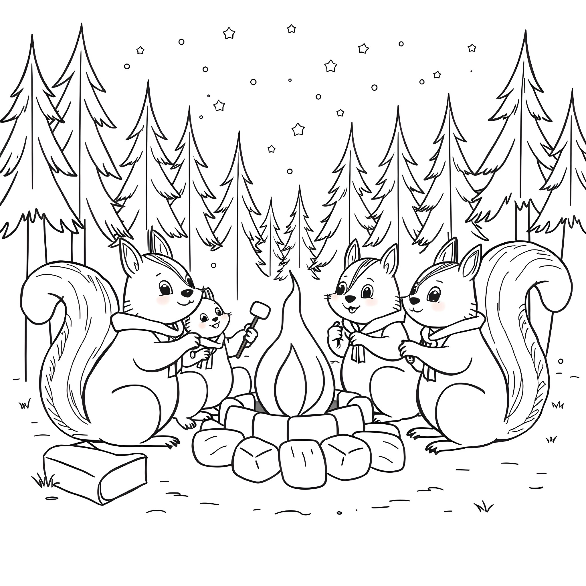 Squirrels roasting marshmallows by the campfire in the winter forest Coloring Page (free black-and-white line drawing printable PDF for all, from beginners to advanced learners, including children, teens, adults, and seniors)