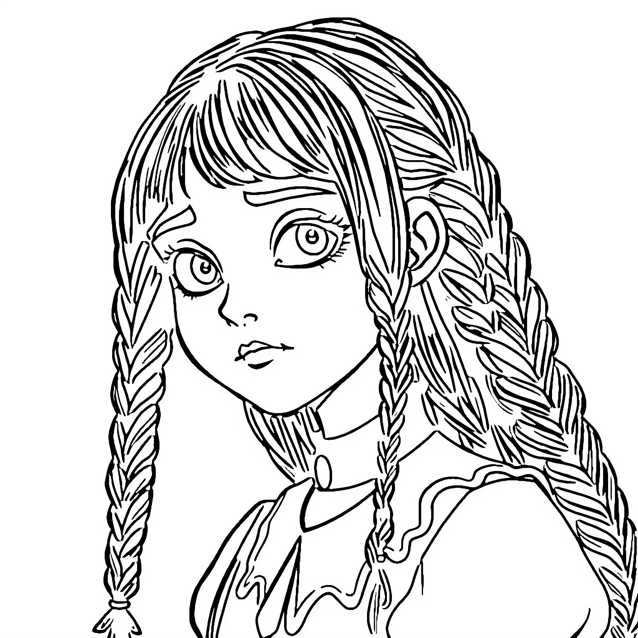 Wednesday Addams with braided pigtails and contemplative expression Coloring Page (free black-and-white line drawing printable PDF for all, from beginners to advanced learners, including children, teens, adults, and seniors)