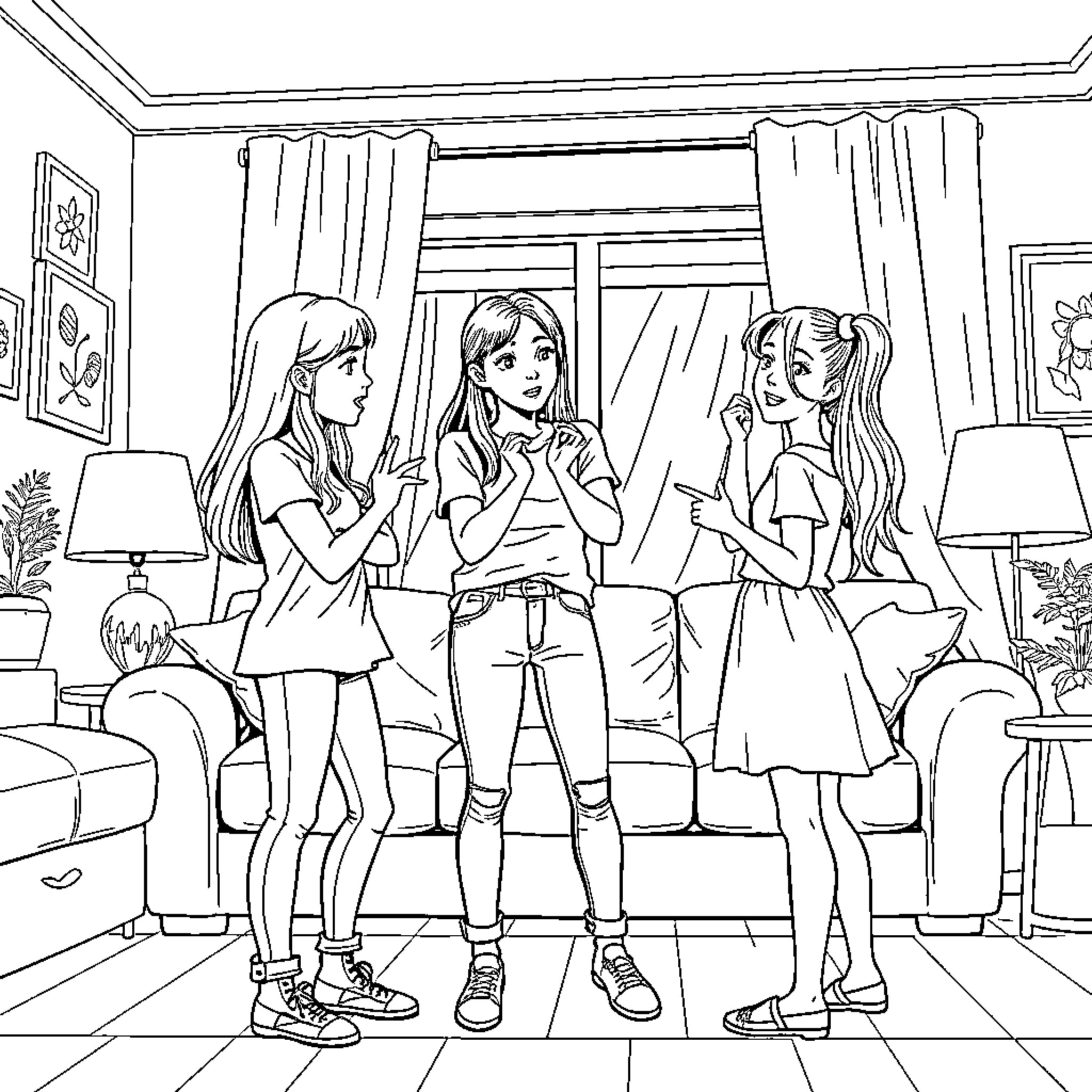 Sisters having a friendly conversation in their home Coloring Page (free black-and-white line drawing printable PDF for all, from beginners to advanced learners, including children, teens, adults, and seniors)