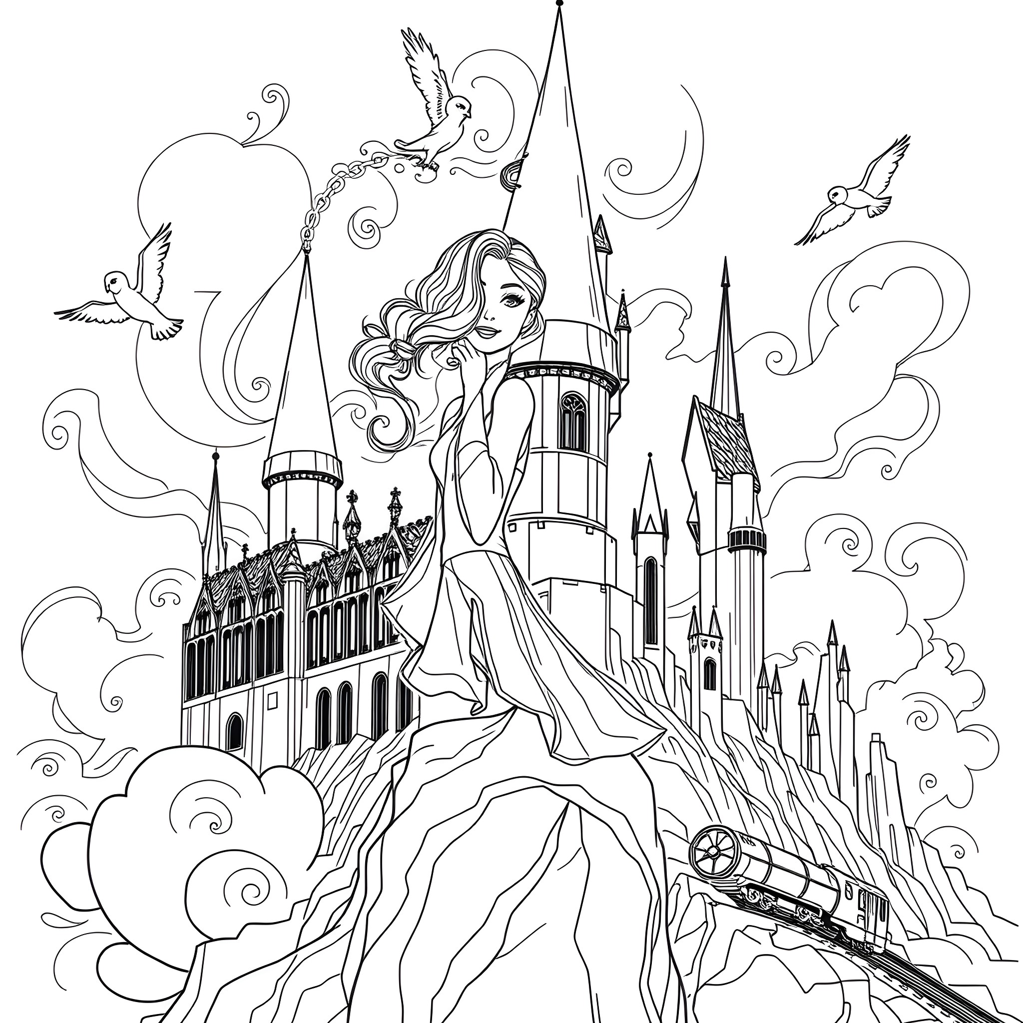 Barbie's Enchanted Castle Adventure Coloring Page (free black-and-white line drawing printable PDF for all, from beginners to advanced learners, including children, teens, adults, and seniors)