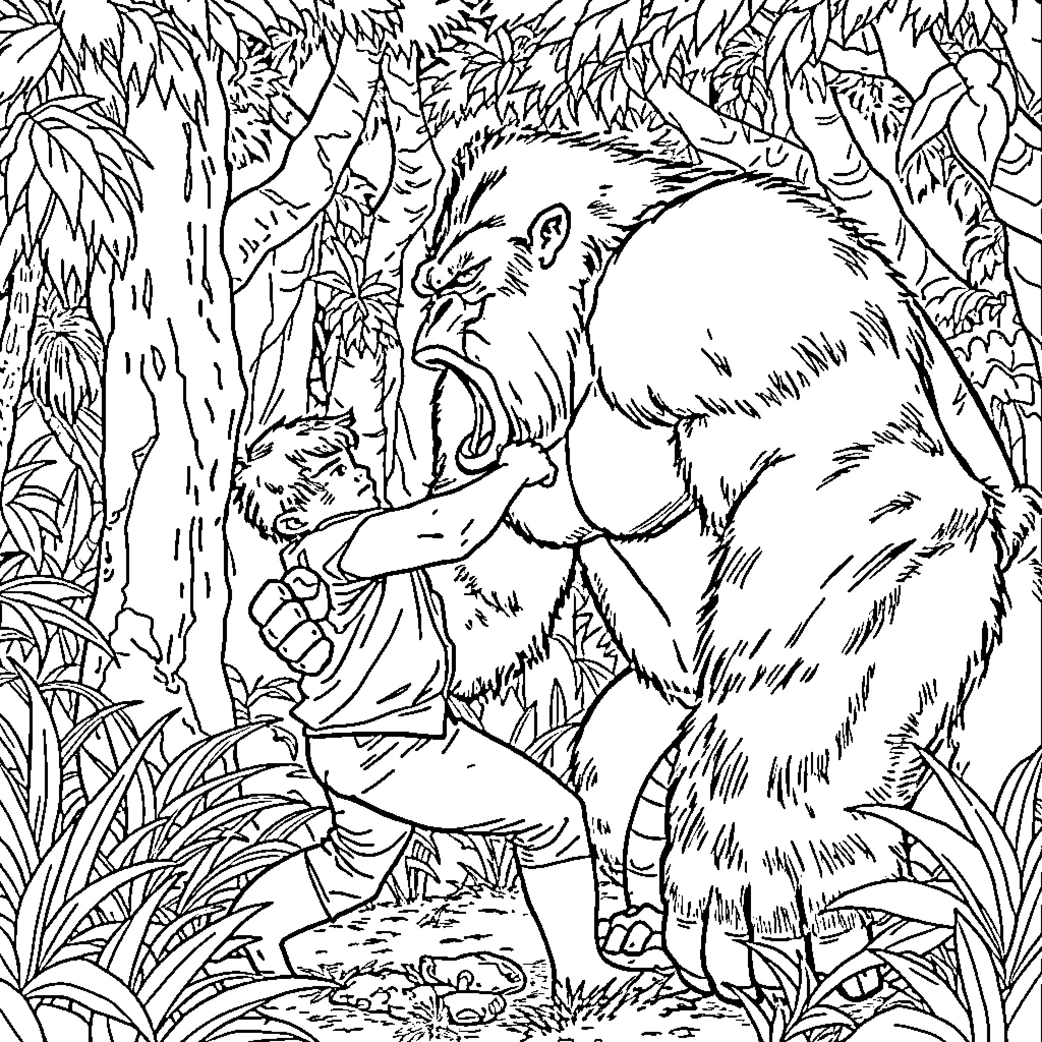Peter Dinklage facing off with a fierce gorilla in the jungle Coloring Page (free black-and-white line drawing printable PDF for all, from beginners to advanced learners, including children, teens, adults, and seniors)