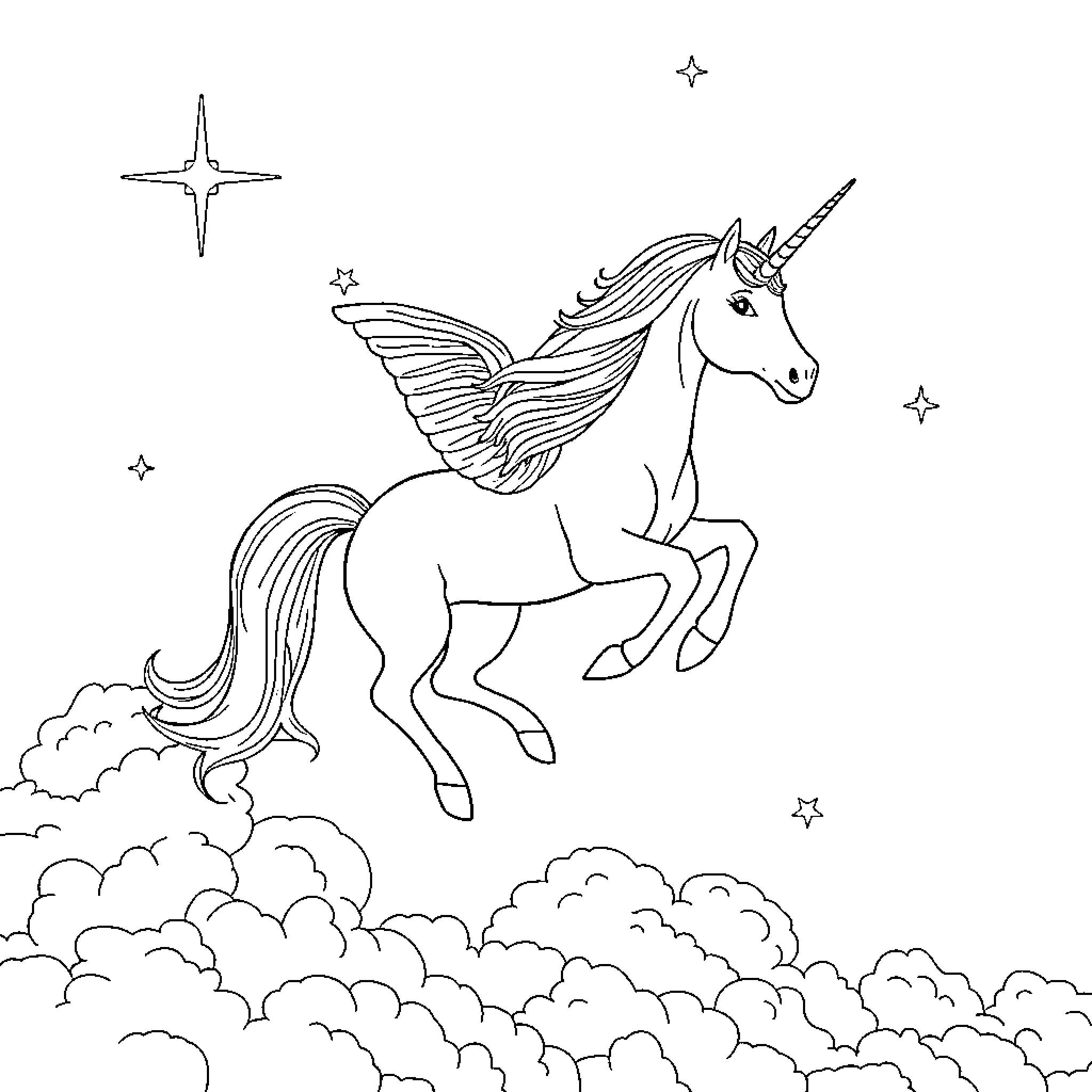 Unicorn soaring through the starry sky Coloring Page (free black-and-white line drawing printable PDF for all, from beginners to advanced learners, including children, teens, adults, and seniors)