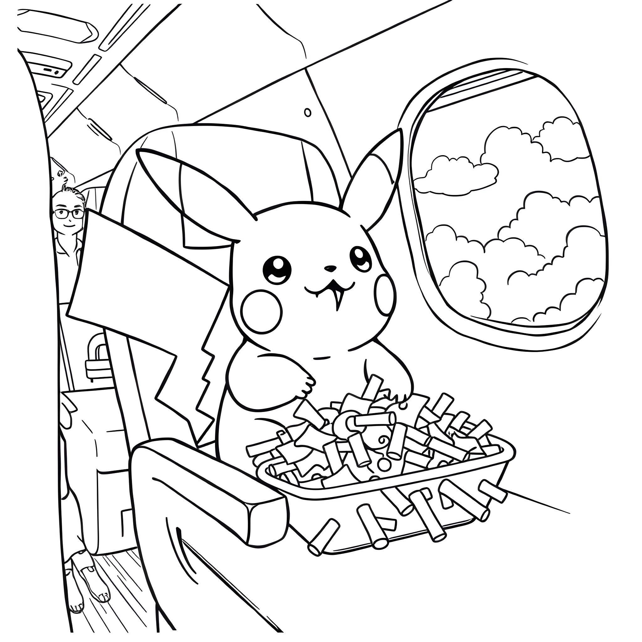 Pikachu enjoying a snack on the train Coloring Page (free black-and-white line drawing printable PDF for all, from beginners to advanced learners, including children, teens, adults, and seniors)