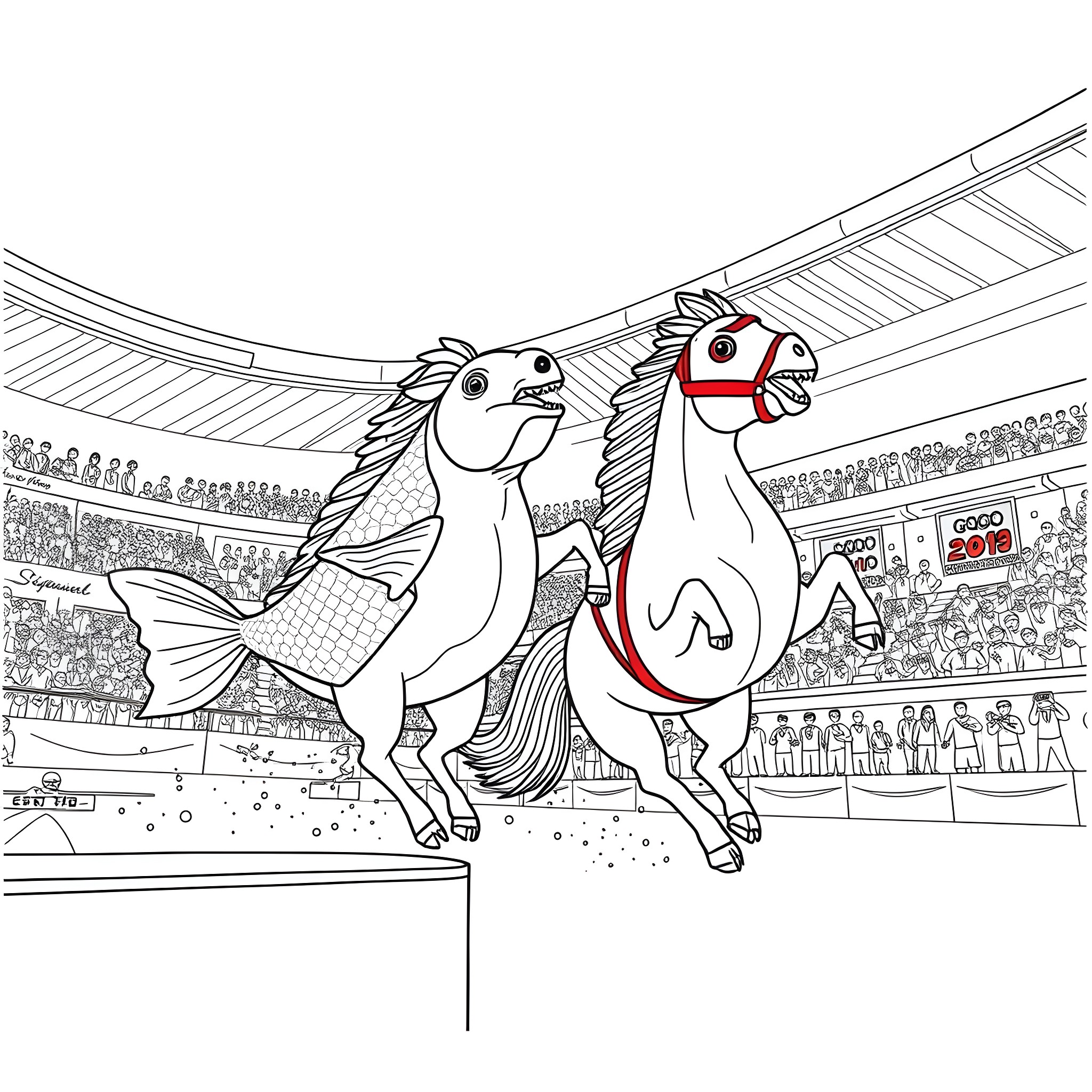 Creature racing together in stadium arena Coloring Page (free black-and-white line drawing printable PDF for all, from beginners to advanced learners, including children, teens, adults, and seniors)