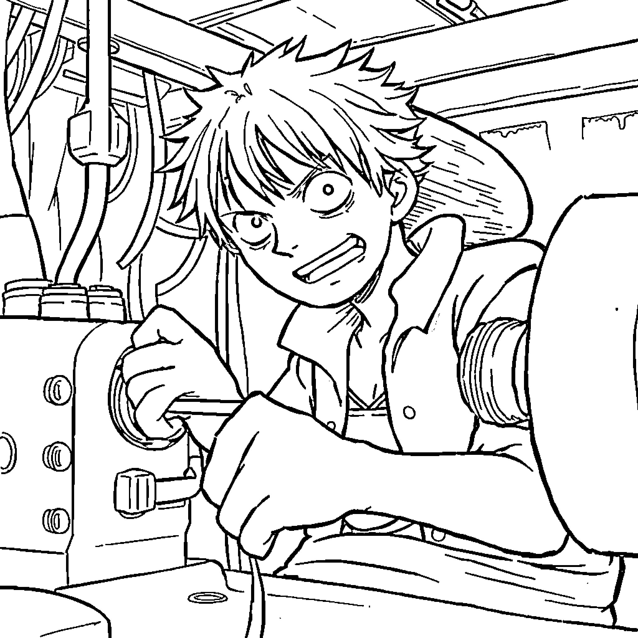 Luffy's Adventurous Journey in the Unusual Surroundings Coloring Page (free black-and-white line drawing printable PDF for all, from beginners to advanced learners, including children, teens, adults, and seniors)