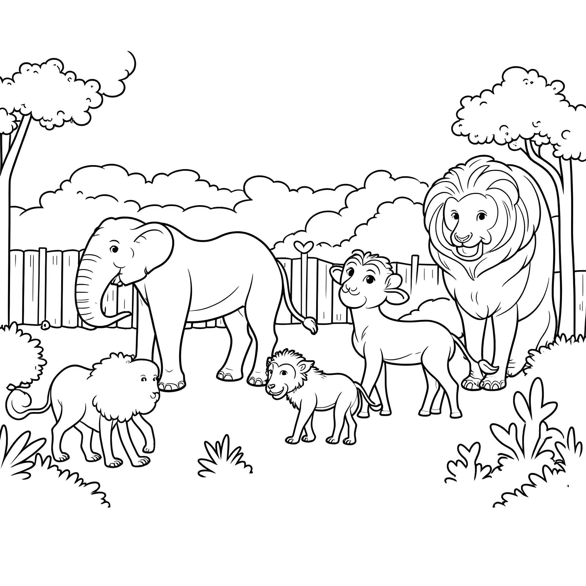 Zoo animals in the wild habitat Coloring Page (free black-and-white line drawing printable PDF for all, from beginners to advanced learners, including children, teens, adults, and seniors)