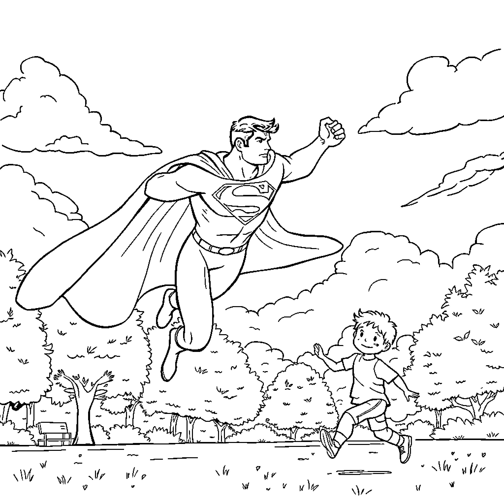 Superman flying heroically above a child in the park Coloring Page (free black-and-white line drawing printable PDF for all, from beginners to advanced learners, including children, teens, adults, and seniors)