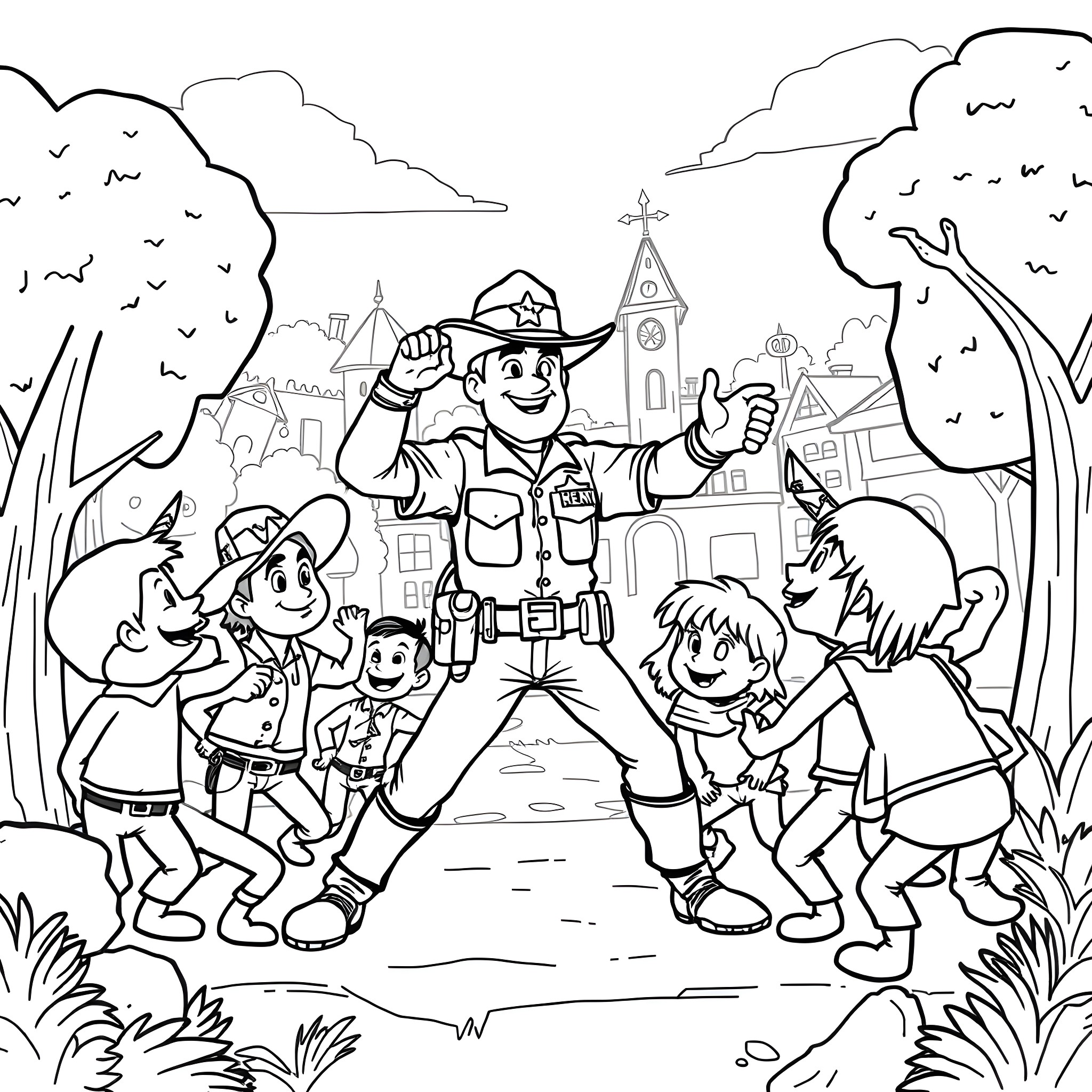 Sheriff Deputy Engaging with Children in Community Coloring Page (free black-and-white line drawing printable PDF for all, from beginners to advanced learners, including children, teens, adults, and seniors)