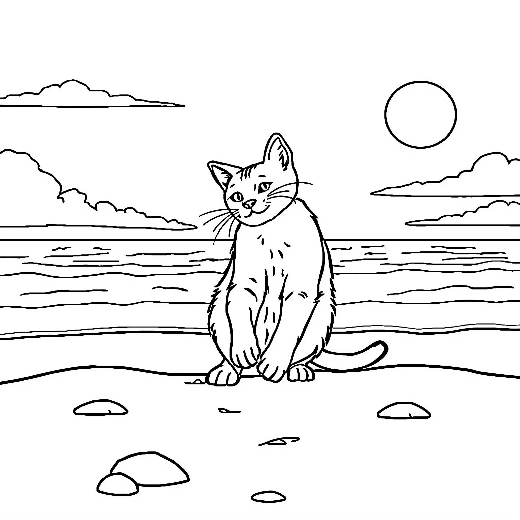 Gato enjoying the seaside sunset Coloring Page (free black-and-white line drawing printable PDF for all, from beginners to advanced learners, including children, teens, adults, and seniors)