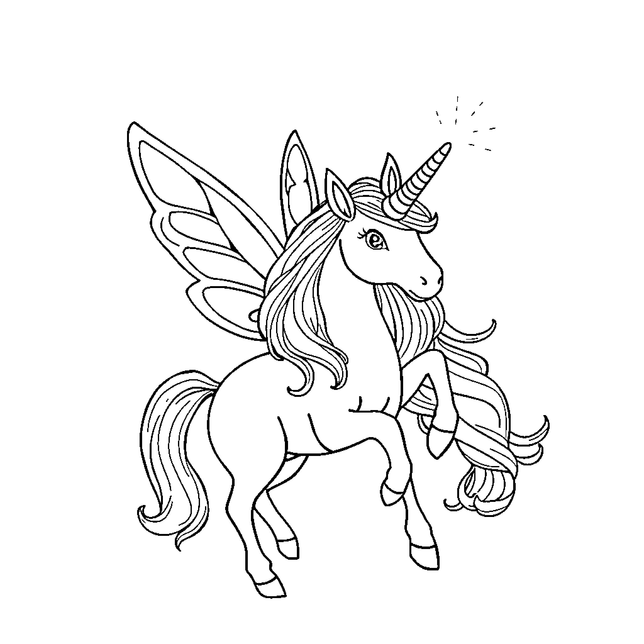 Unicorn Magical Creature with Fantastical Wings Coloring Page (free black-and-white line drawing printable PDF for all, from beginners to advanced learners, including children, teens, adults, and seniors)