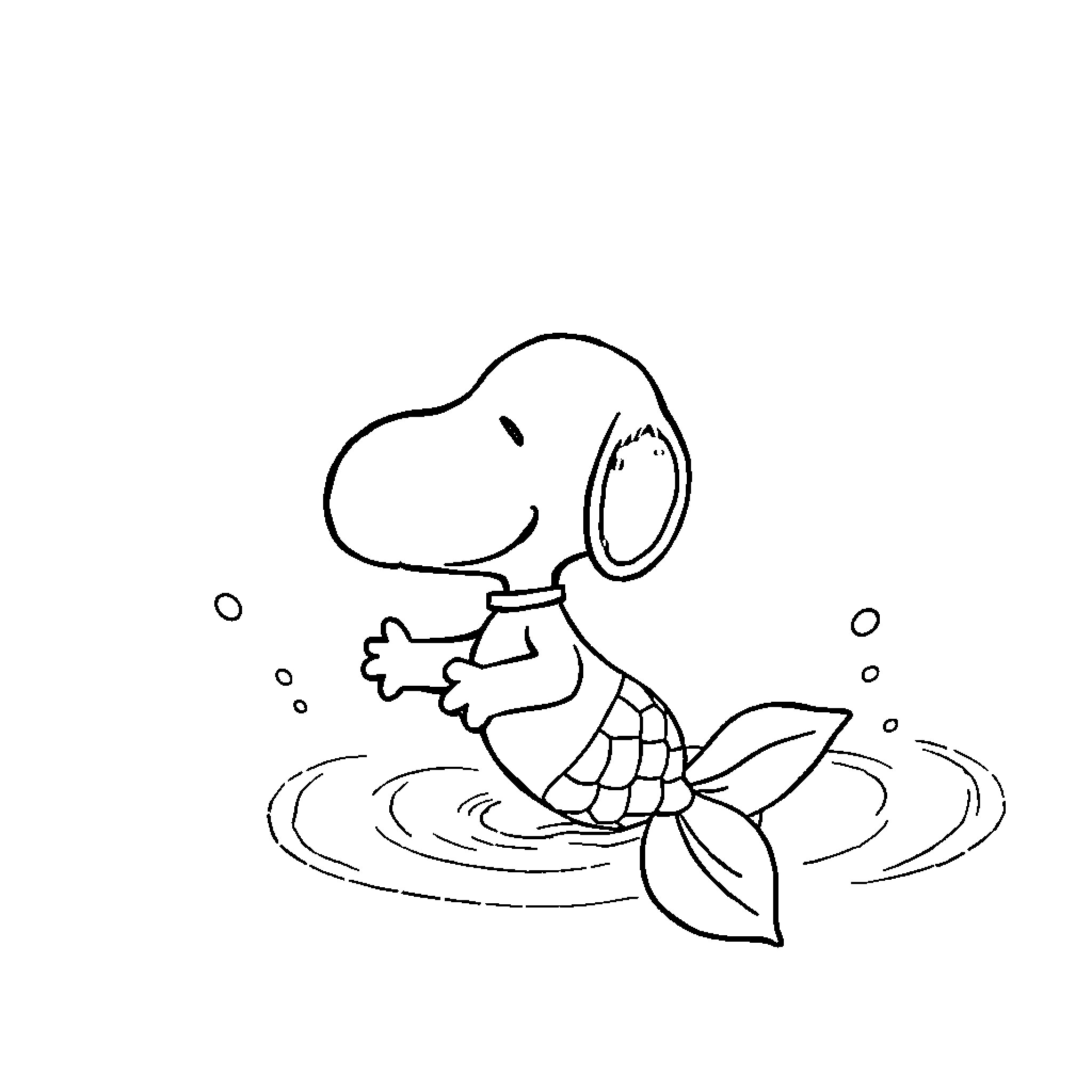 Snoopy as a mermaid swimming in the sea Coloring Page (free black-and-white line drawing printable PDF for all, from beginners to advanced learners, including children, teens, adults, and seniors)