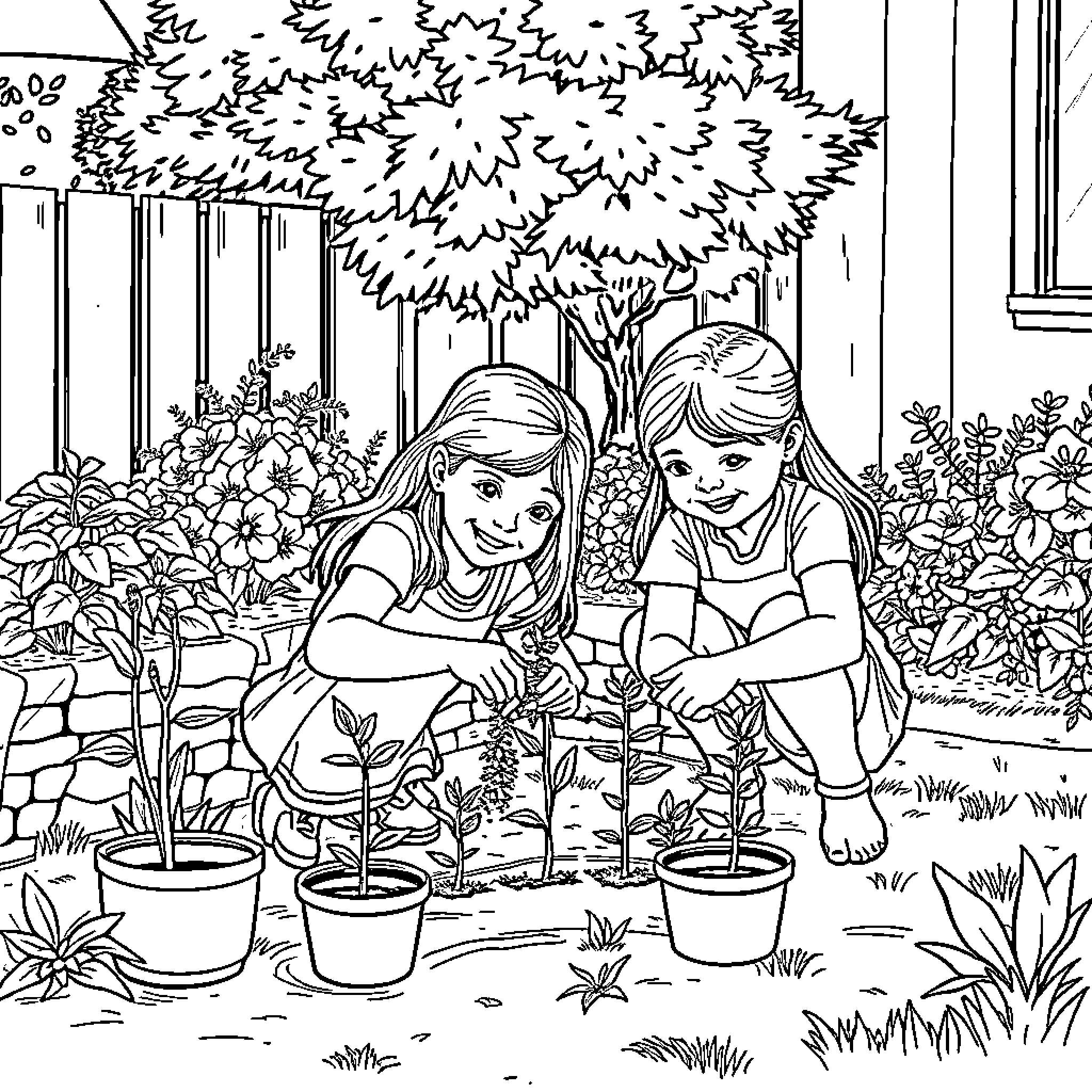 Plant life - children tending to garden Coloring Page (free black-and-white line drawing printable PDF for all, from beginners to advanced learners, including children, teens, adults, and seniors)
