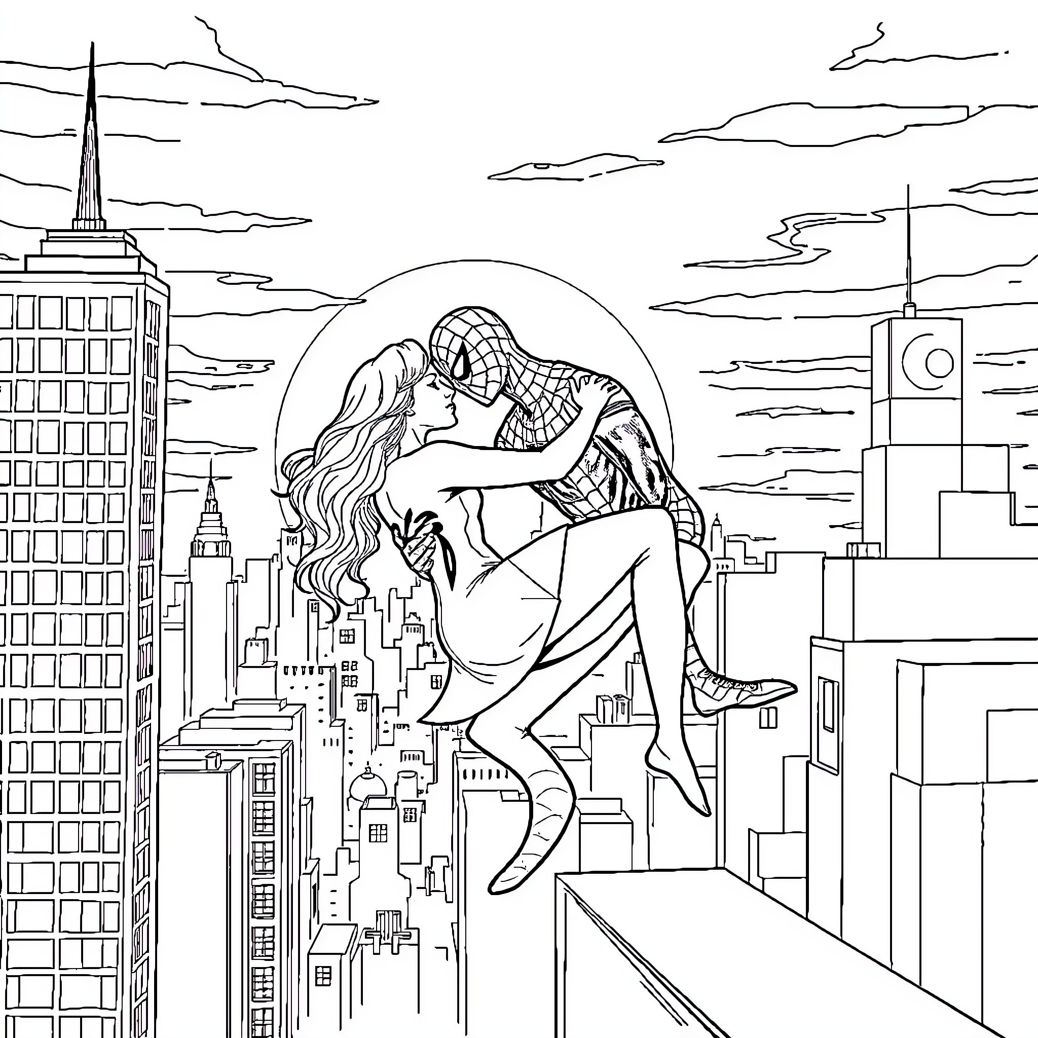 Spiderman embracing the city skyline Coloring Page (free black-and-white line drawing printable PDF for all, from beginners to advanced learners, including children, teens, adults, and seniors)