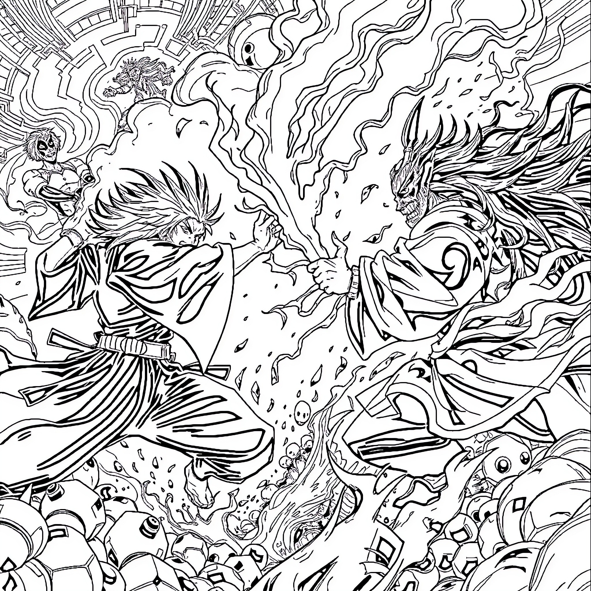 Tanjiro's Intense Battle with Demons Coloring Page (free black-and-white line drawing printable PDF for all, from beginners to advanced learners, including children, teens, adults, and seniors)