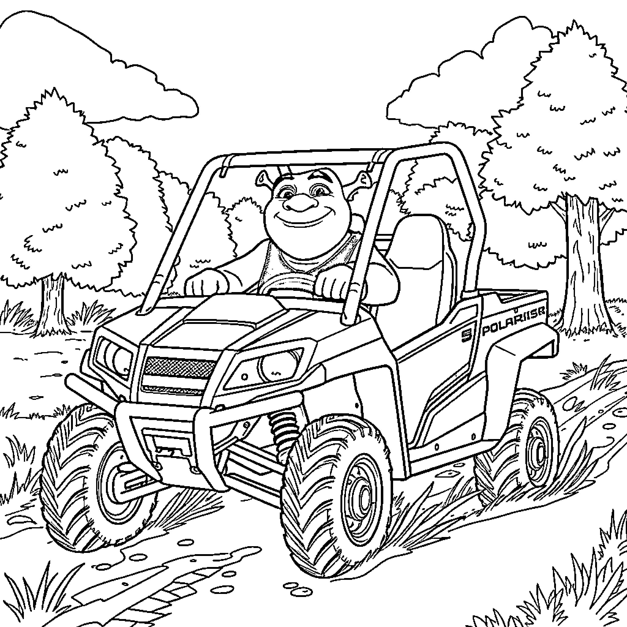 Shrek driving a fun and rugged off-road vehicle Coloring Page (free black-and-white line drawing printable PDF for all, from beginners to advanced learners, including children, teens, adults, and seniors)