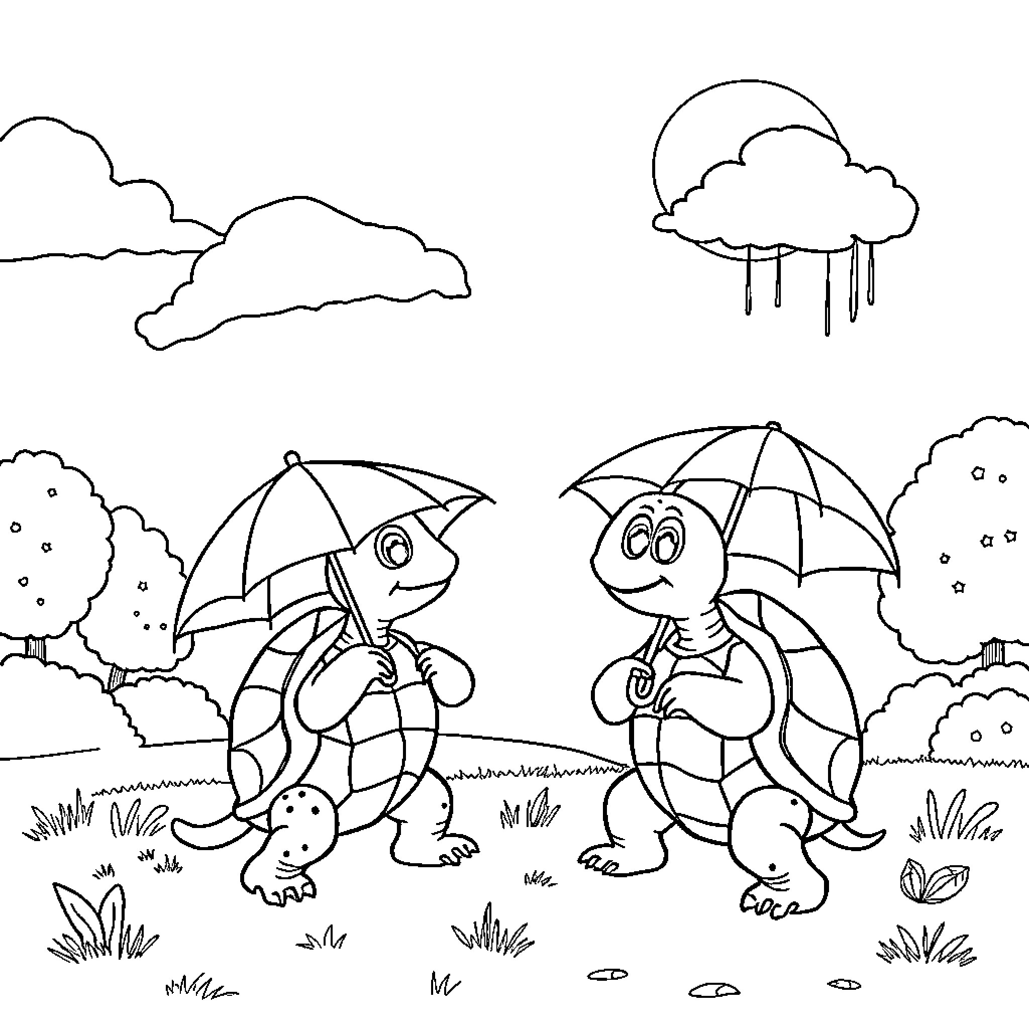 Turtles enjoying a rainy day outdoors Coloring Page (free black-and-white line drawing printable PDF for all, from beginners to advanced learners, including children, teens, adults, and seniors)