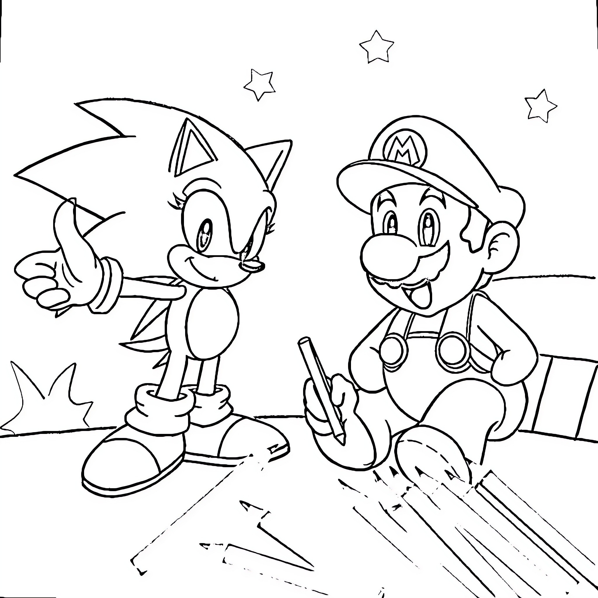 Sonic and Mario Characters in Playful Interaction Coloring Page (free black-and-white line drawing printable PDF for all, from beginners to advanced learners, including children, teens, adults, and seniors)