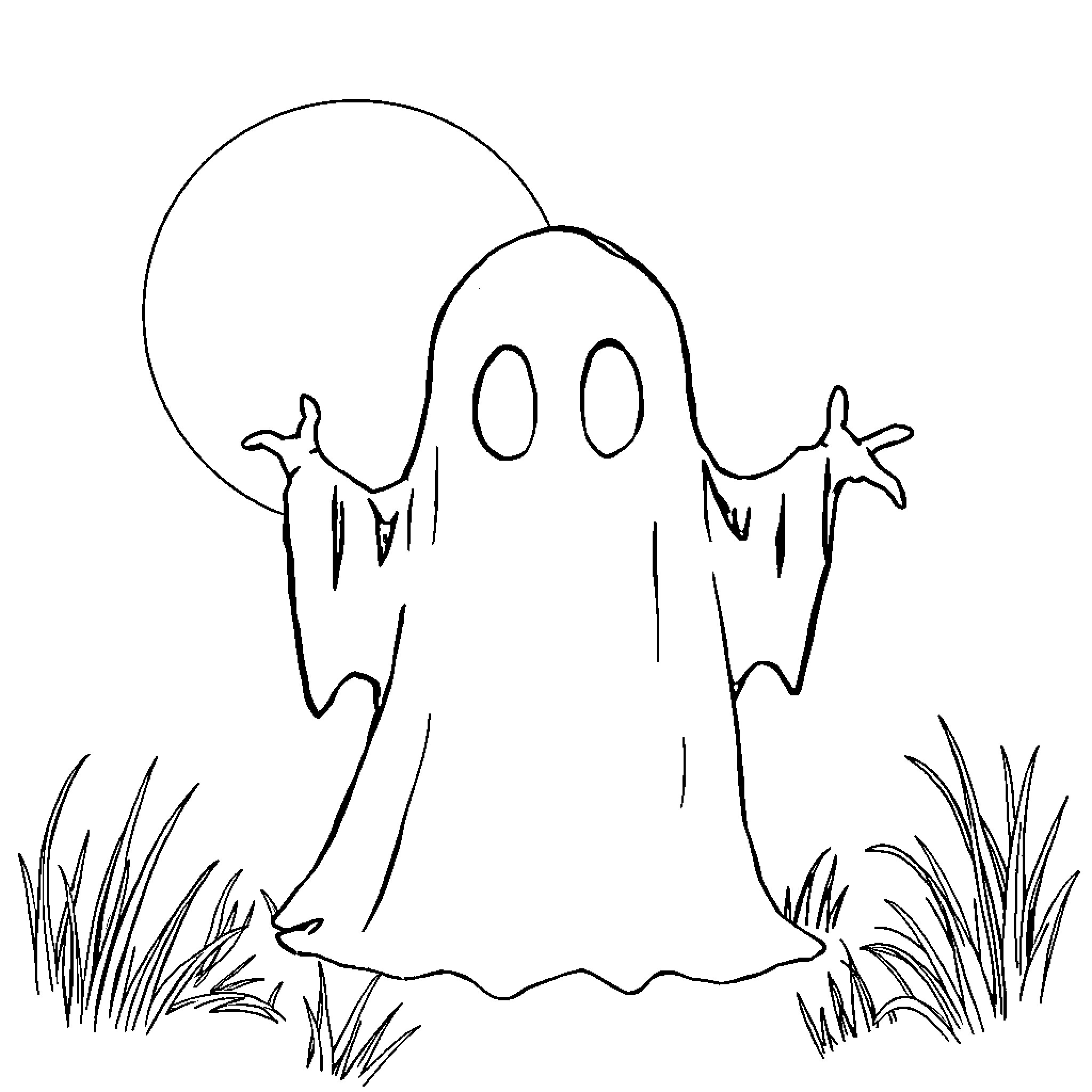 Silhouette of playful ghosts in the moonlight Coloring Page (free black-and-white line drawing printable PDF for all, from beginners to advanced learners, including children, teens, adults, and seniors)