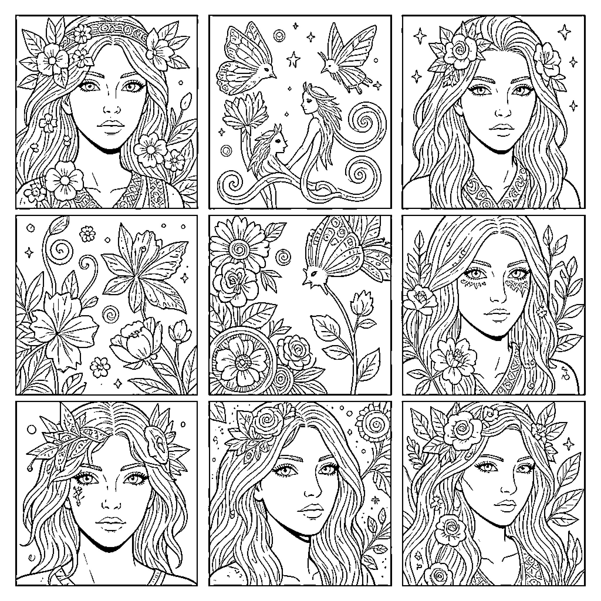 Art of young women surrounded by flowers and nature Coloring Page (free black-and-white line drawing printable PDF for all, from beginners to advanced learners, including children, teens, adults, and seniors)