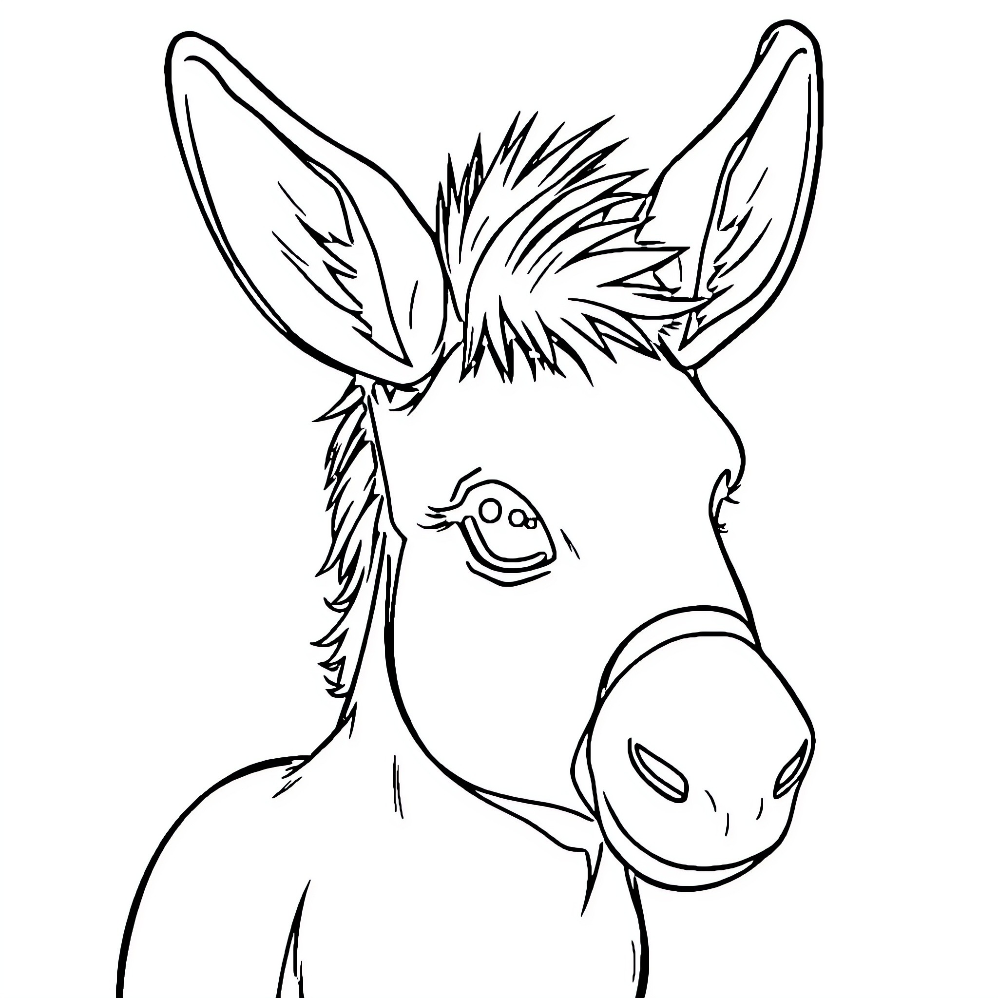 Ass Cartoon Donkey with Expressive Features Coloring Page (free black-and-white line drawing printable PDF for all, from beginners to advanced learners, including children, teens, adults, and seniors)