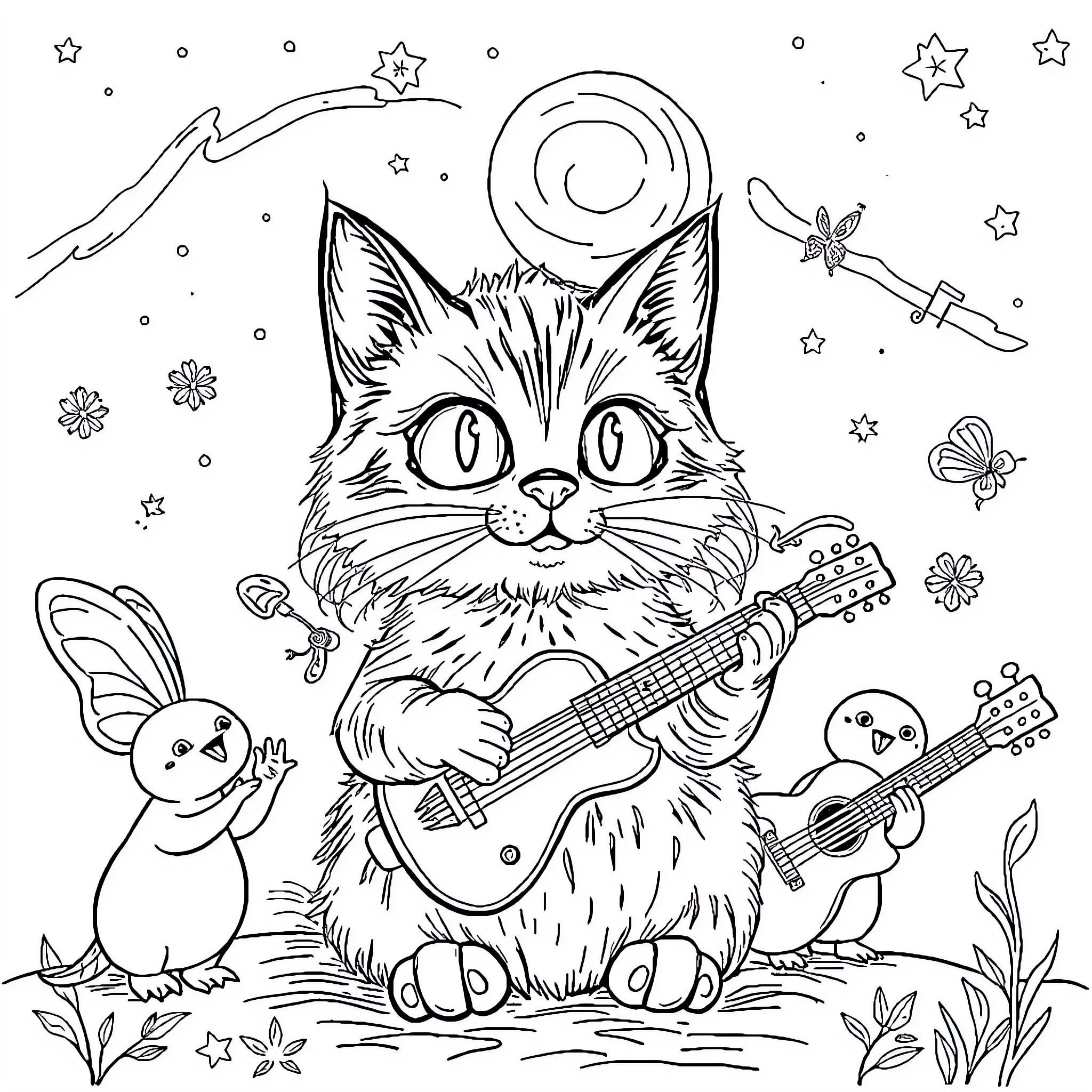 Chat with musical cats and bunnies in fantasy landscape Coloring Page (free black-and-white line drawing printable PDF for all, from beginners to advanced learners, including children, teens, adults, and seniors)